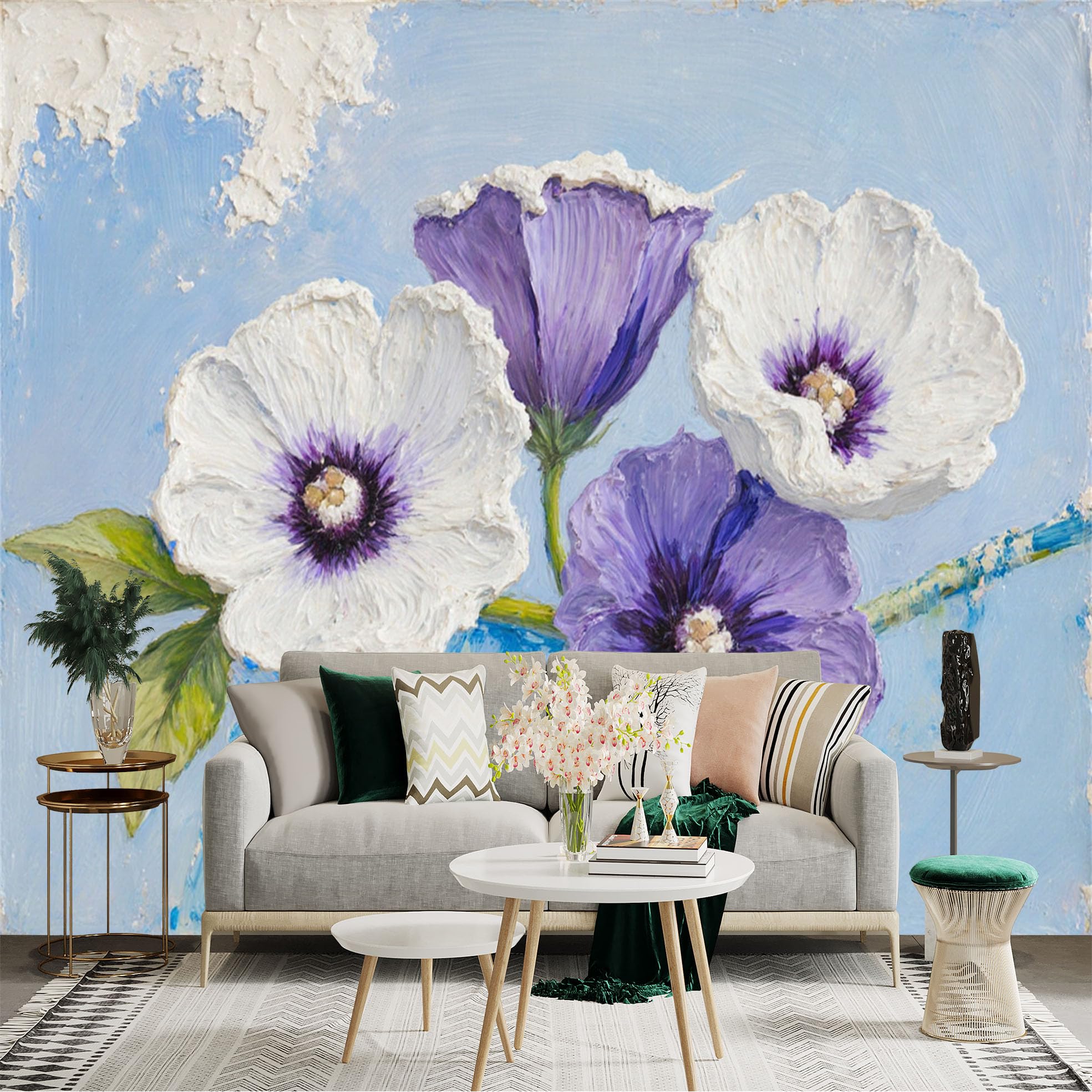 Custom Size Wall Sticker Mural， Impressionist Oil Painting of Purple and White Flowers， Textured Floral Art， for wall Decoration， peelandstick wall Decals.