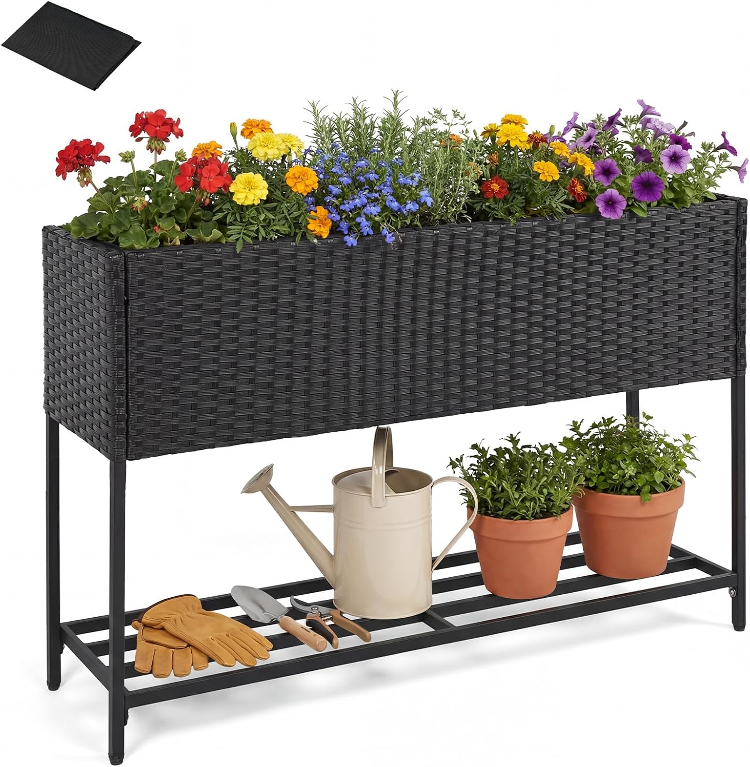Giantex Raised Garden Bed with Legs, 40"x12" Rattan Elevated Planter Box w/Storage Shelf, Removable Liner, Drainage Gap for Vegetable Flower & Herb, Outdoor Planting Stand for Backyard Patio, Black