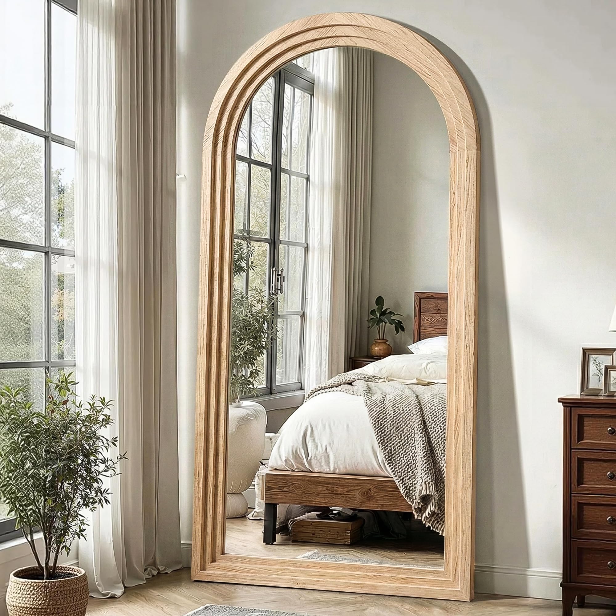 Photo 1 of Delma Arched Full Length Mirror with Stand, 75x35 Natural Wood Floor Mirror