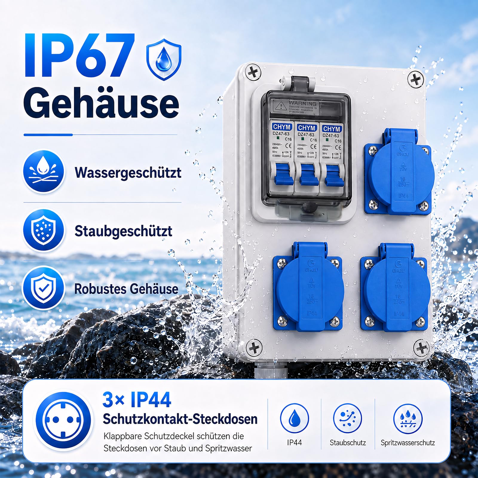 Baustromverteiler Vorverkabelt, 3x 230V/16A Schuko Steckdosen und 3xC16 LS-Schalter, Wandverteiler Stromverteiler IP67 Wasserdicht Gehäuse, Wetterfest Innen Außen Baustelle Werkstatt Außenbereich