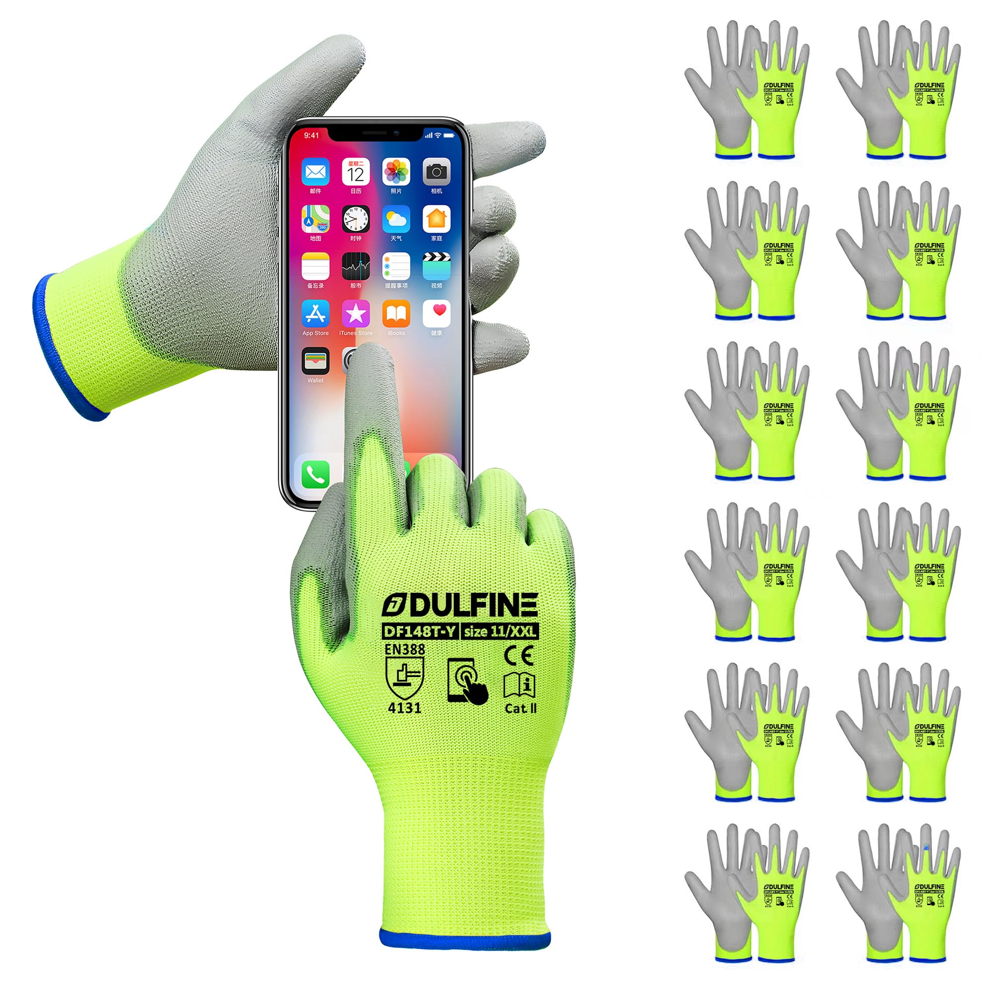 DULFINE Touchscreen Work Gloves for Women 12 Pairs, PU Coated