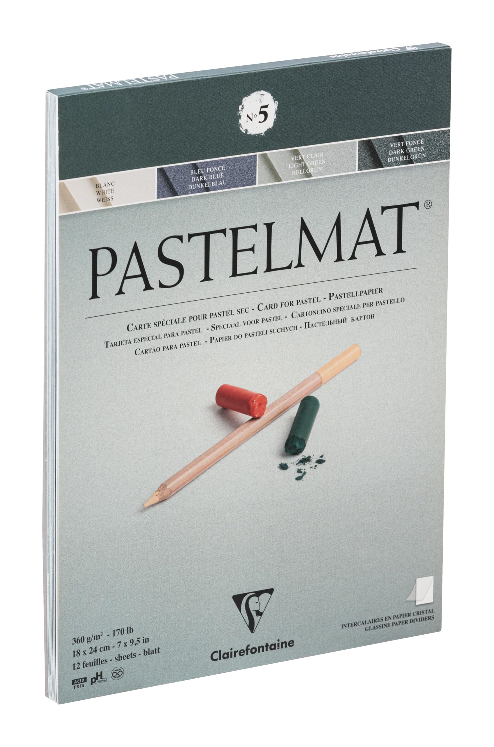 Clairefontaine - Ref 96113C - Pastelmat Pastel Card Pad No.5 (12 Sheets) - 360gsm Card - 18 x 24cm - Assorted Colours - Specially Formulated For Use With Pastels