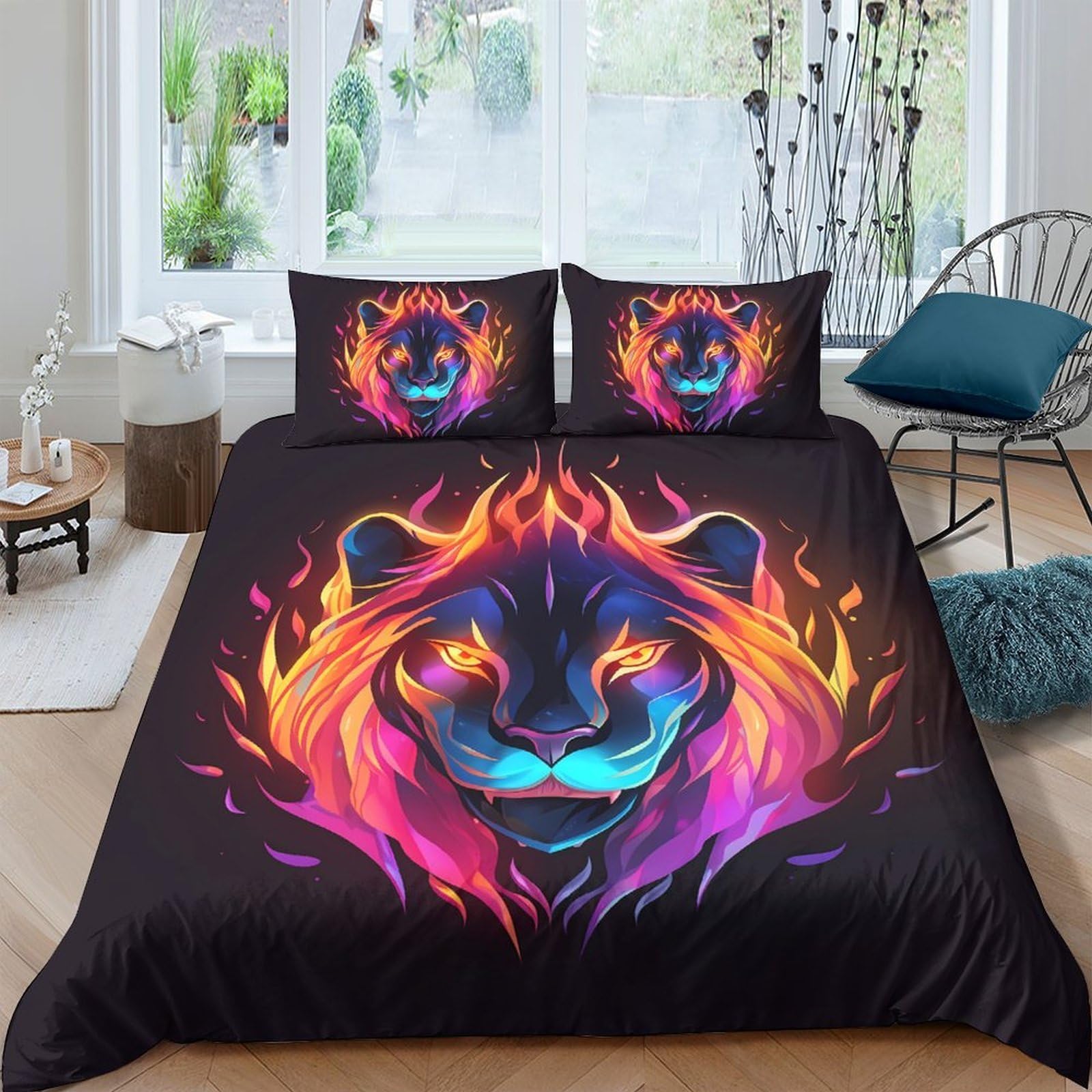 3D Printed Fire Lion Duvet Cover Microfiber Soft Breathable Neon Panther Bedding Set with 2 Pillowcases for Bedroom Decor Single（135x200cm）