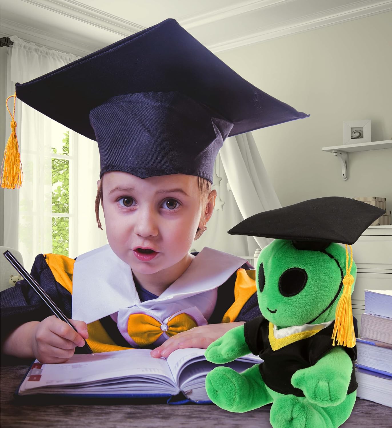 DolliBu Green Alien Graduation Plush Toy - Super Soft Graduation Stuffed Animal Dress Up with Gown and Cap with Tassel Outfit - Gift with Personalization - 6 Inches