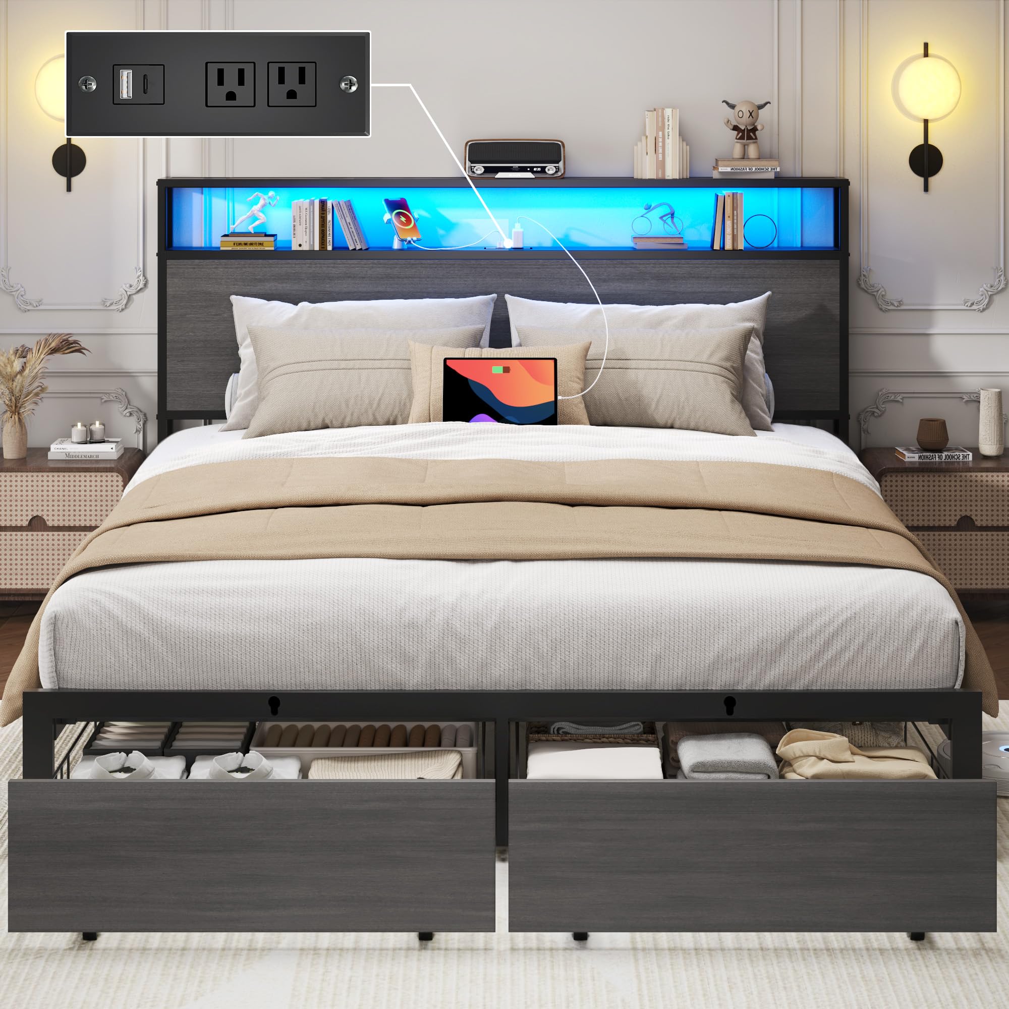 Lifezone Full Bed Frame with 2-Tier Storage Headboard