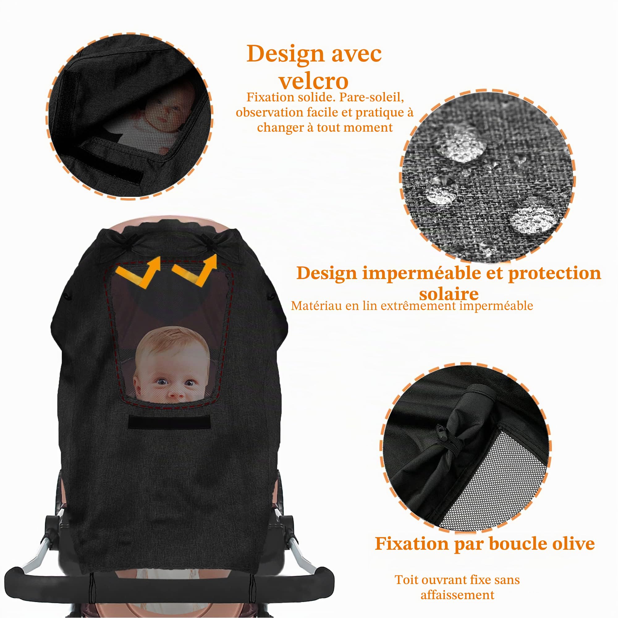 Pare soleil poussette,Poussette protection soleil,Anti uv poussette,Clip Poussette Universel,Crochets Rotatifs pour Poussette,Anti UV UPF50,étanche,pour Nacelle,Landau,（Noir + 2 crochets）
