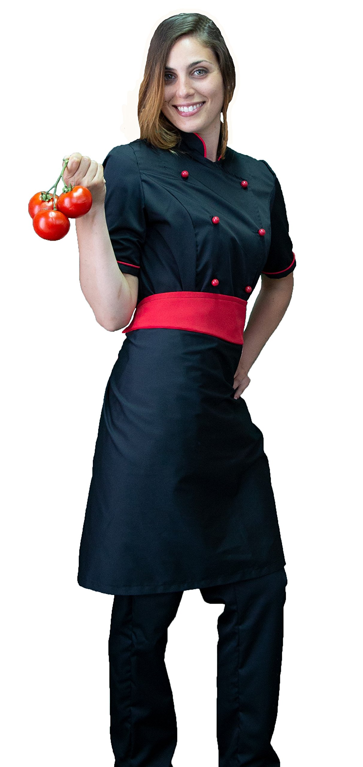 Ricamo Gratuito - Completo Cuoco da Cucina - Nero e Rosso - Divisa Chef Donna Manica Corta - Pantalone, Giacca e Grembiule - Made in Italy