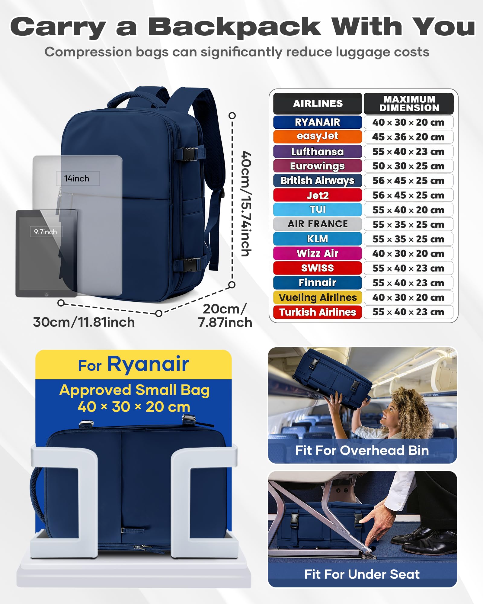 HPLQQ Plecak podręczny z zamknięciem próżniowym 40x30x20 cm dla Ryanair – wodoodporny bagaż pod siedzeniem, torba podróżna do samolotu, weekendowa, turystyczny, na co dzień, X-niebieski królewski