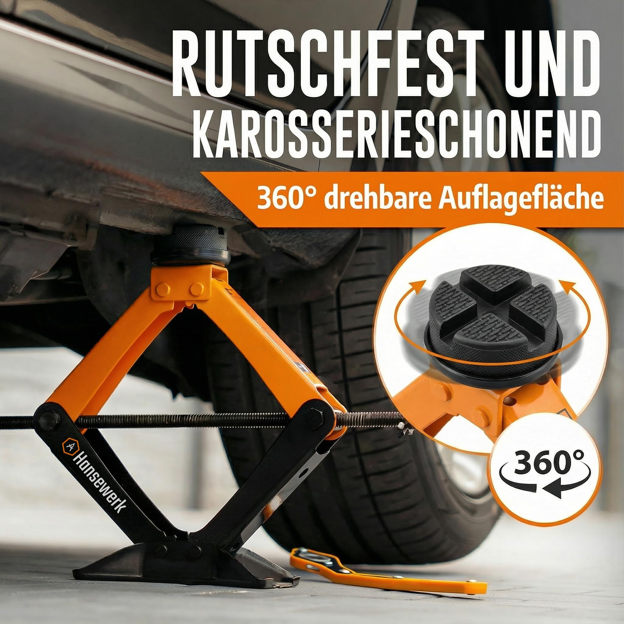 Wagenheber Scherenwagenheber 2t inkl. Ratsche (Basic) | 360° schützender drehbarer Gummikopf | geeignet für alle PKW inkl. SUV