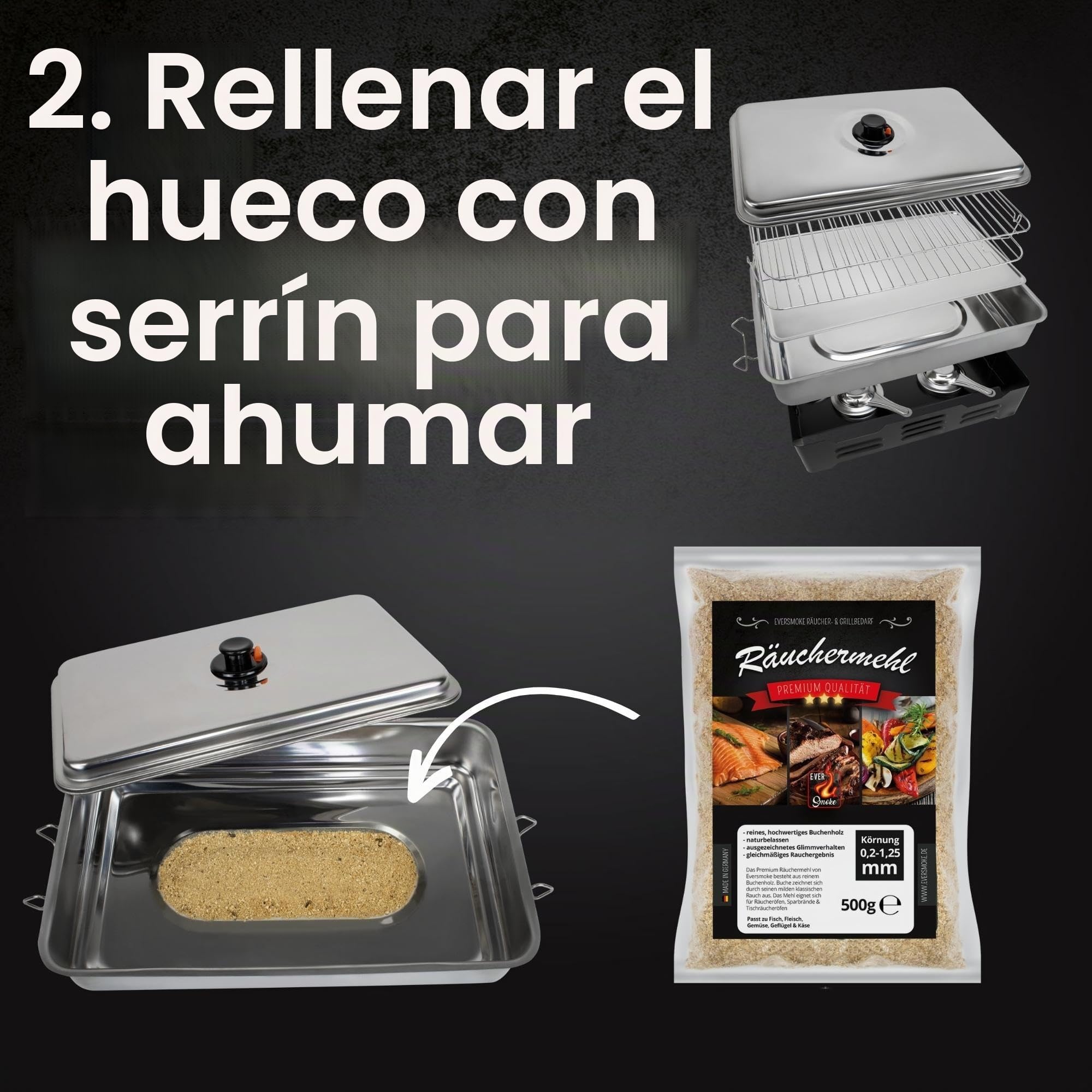 Deluxe Horno de ahumar de mesa XL de acero inoxidable con pasta combustible, con harina para ahumar, especias, quemador, inoxidable