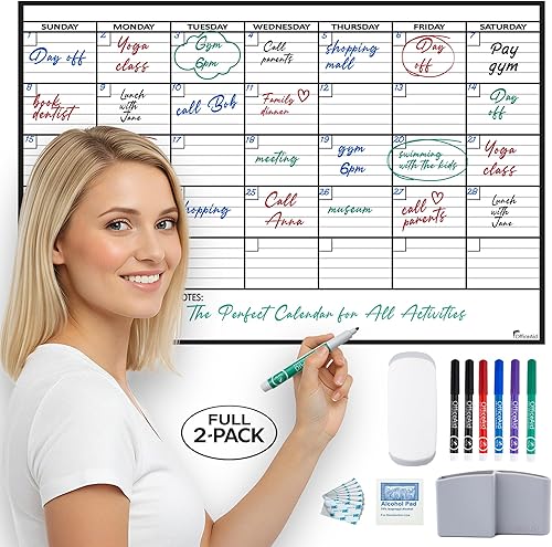 (2 PK) Pequeño Calendario de Borrado en Seco para Pared, 17x26 Pulgadas, Pequeño Calendario de Pared Borrable, Pizarra Blanca para Oficina, Hogar y