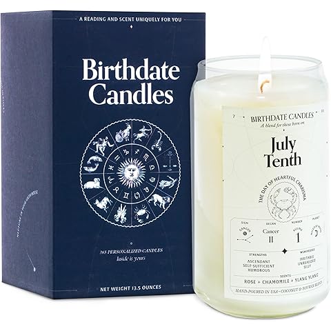 Birthdate Candles, July 10 - Cancer Zodiac Scented Candles Birthday Gift - Rose, Chamomile & Ylang Ylang Scent - All-Natural Soy & Coconut Wax, 60-80 Hour Burn Time - Made in USA