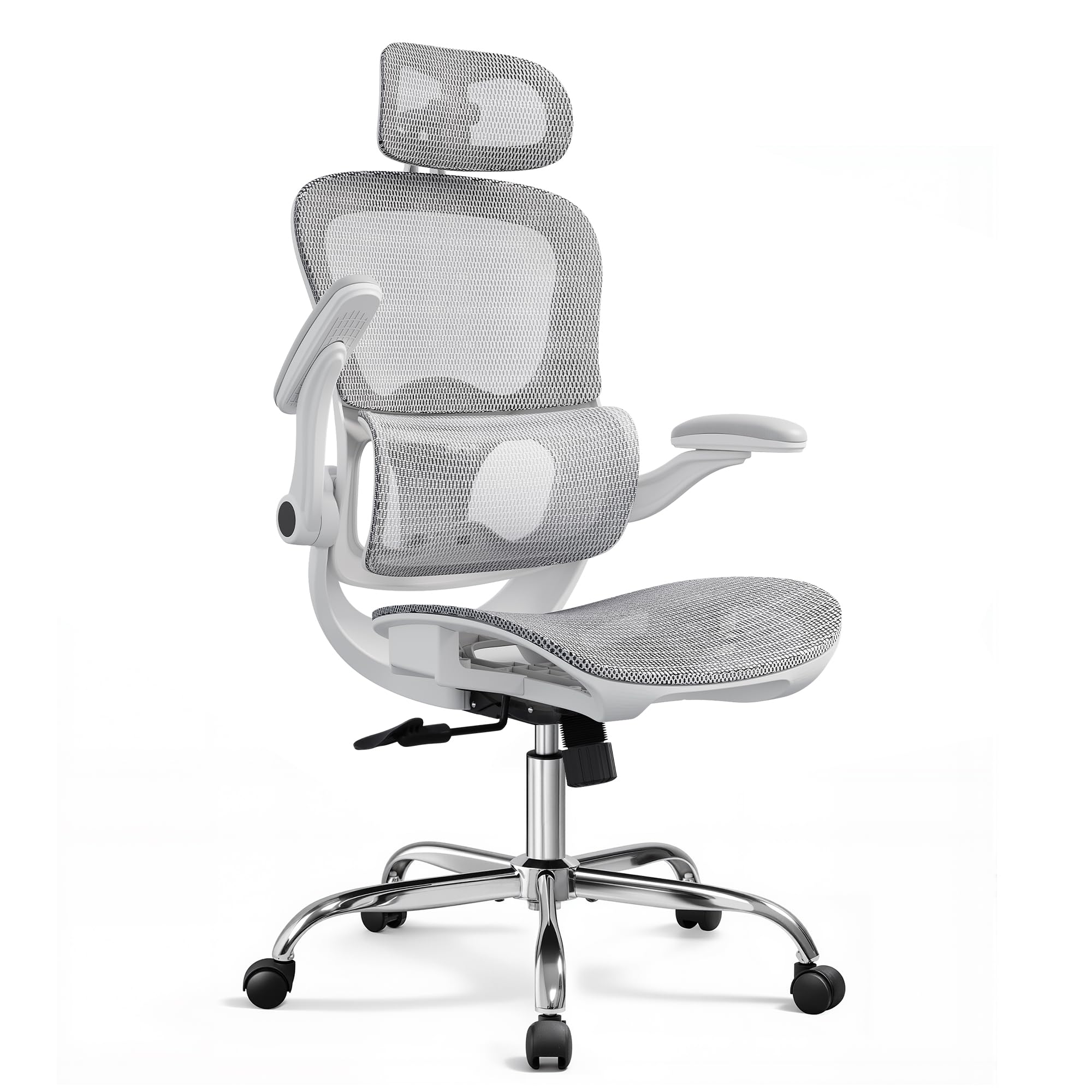 DEVAISE Chaise de Bureau Ergonomique, Fauteuil de Bureau avec Dossier Segmenté, Fauteuil de Bureau Grande en Maille Respirante, Support Lombaire & Appuie-tête réglable, Accoudoirs 3D, Blanc