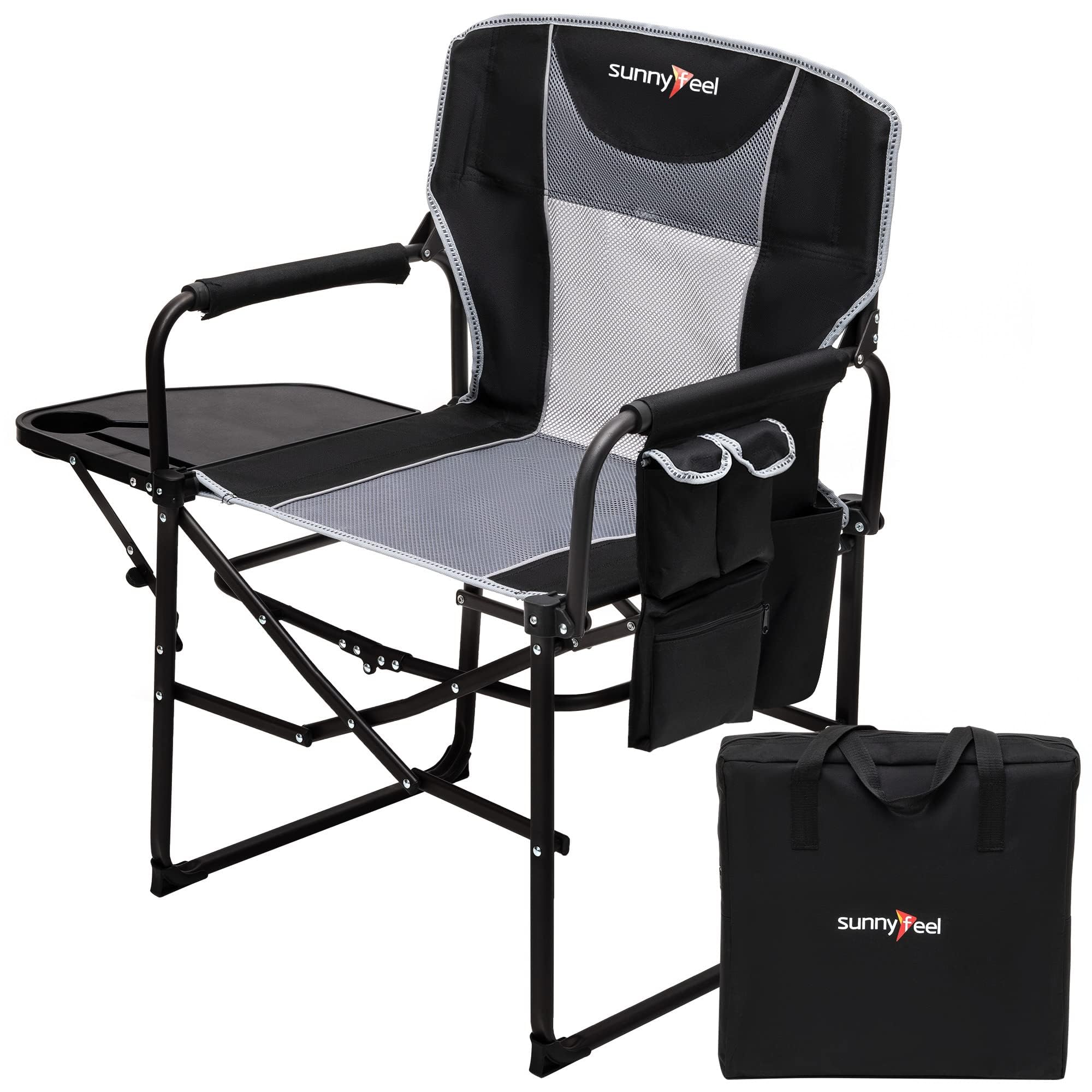 SUNNYFEEL Regiestuhl Klappbar,136KG Campingstuhl Faltbar,mit Seitentisch Kompakt Klappbarer Campingstuhl mit Getränkehalter und Seitentasche,Strapazierfähig für Camping,Angeln,Picknick,Garten,Schwarz