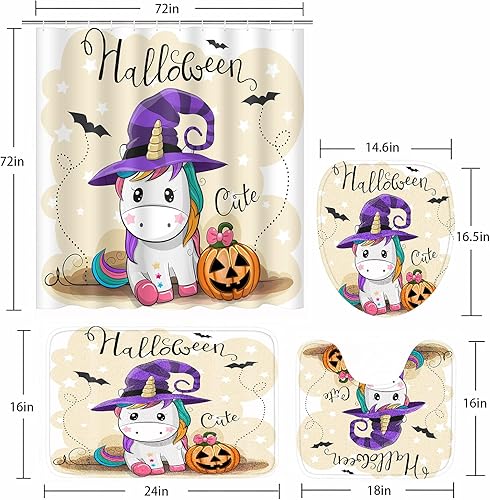 Miniatura 7 de Britimes Juego de 4 cortinas de ducha de unicornio con alfombras, juego de baño con alfombra antideslizante, tapa de inodoro y 12 ganchos, 72 x 72