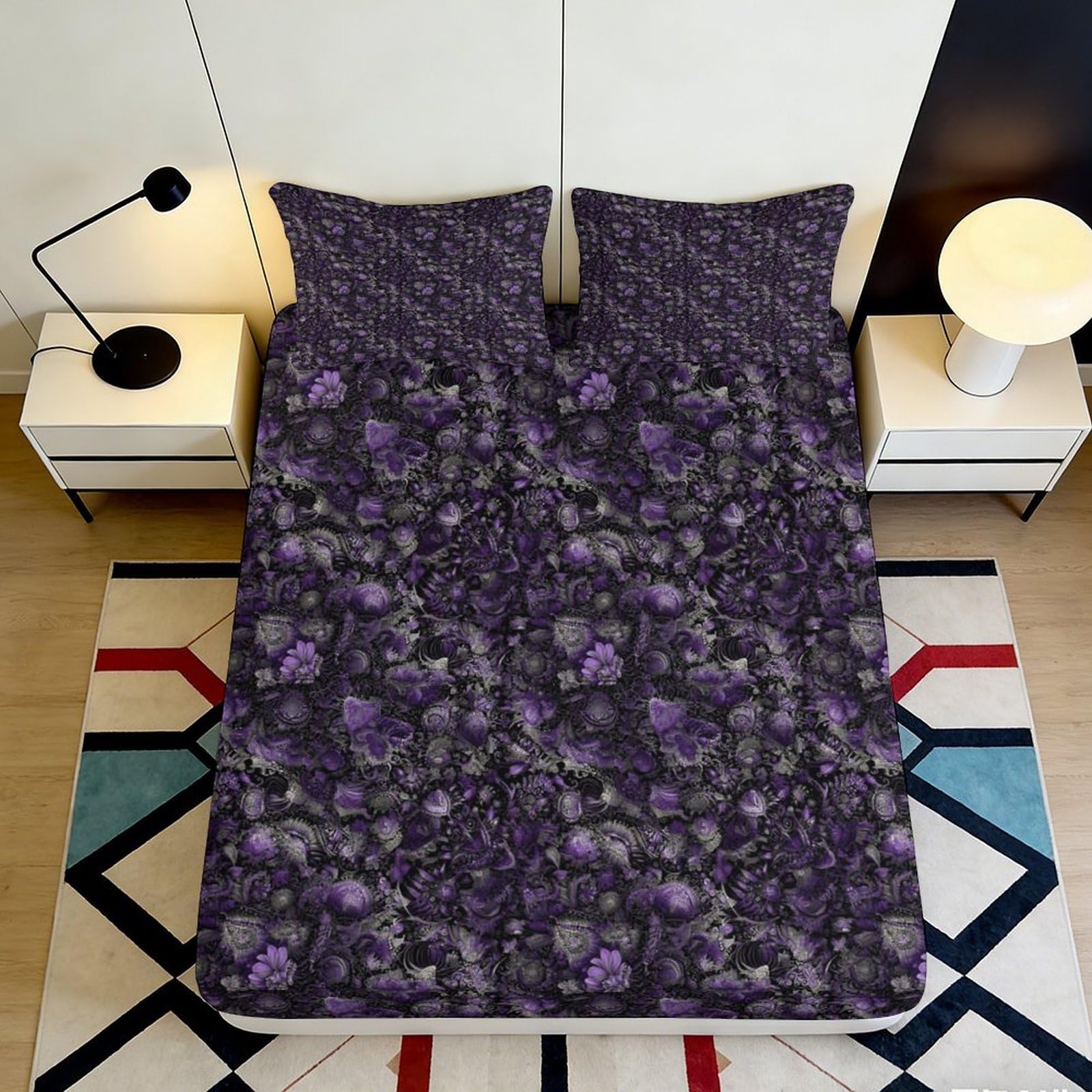 Pnayamiorkfel Style-5 3D Printed Purple Skull Flower Fitted Sheet Microfiber Soft Bed Cover For Bedroom Dorm Decorative Protection 90X200x25cm