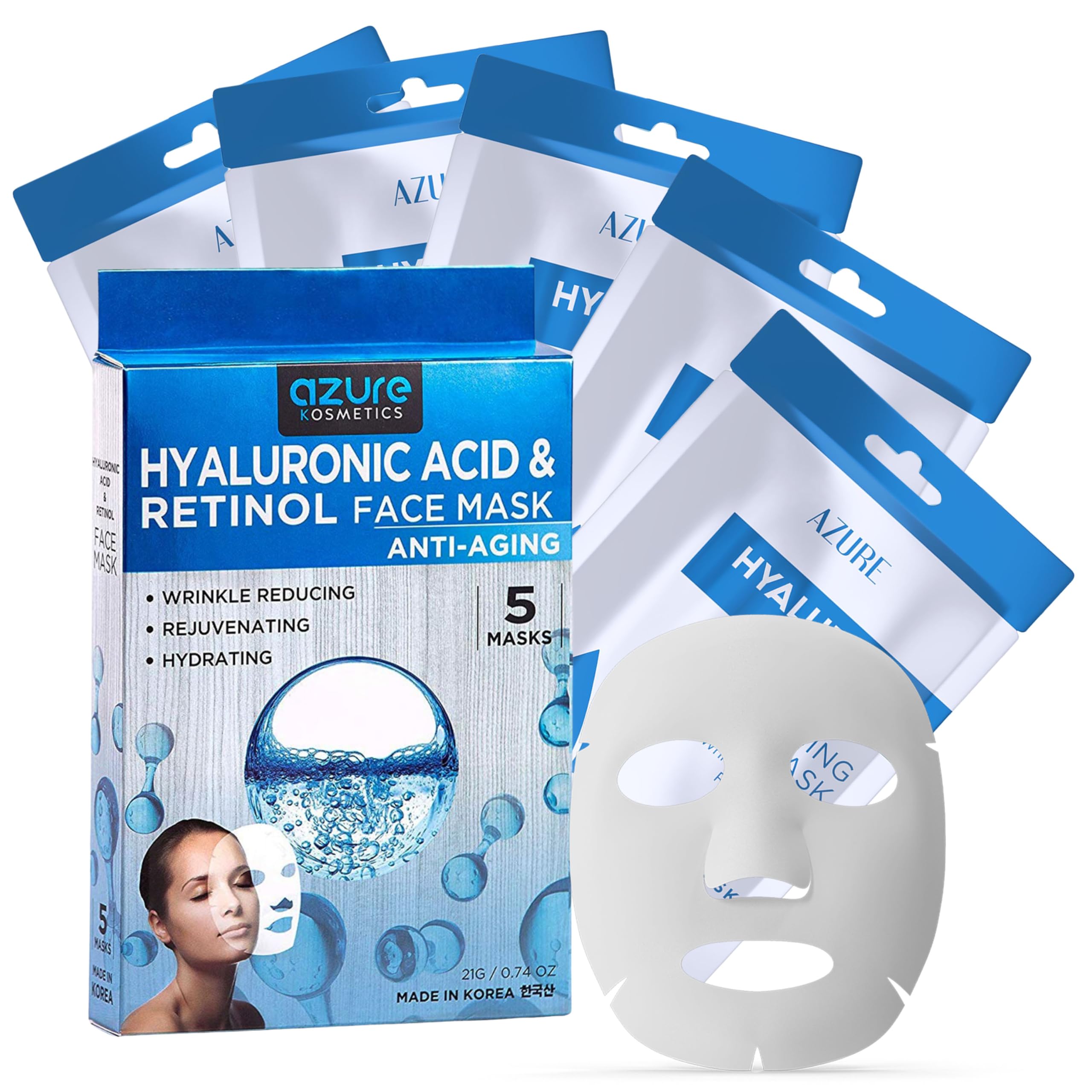 Hyaluronic Acid and Retinol Anti-Aging Face Mask by Azure - Helps Reduce Fine Lines and Wrinkles | Leaves Skin Feeling Soft and Hydrated | Improves Un
