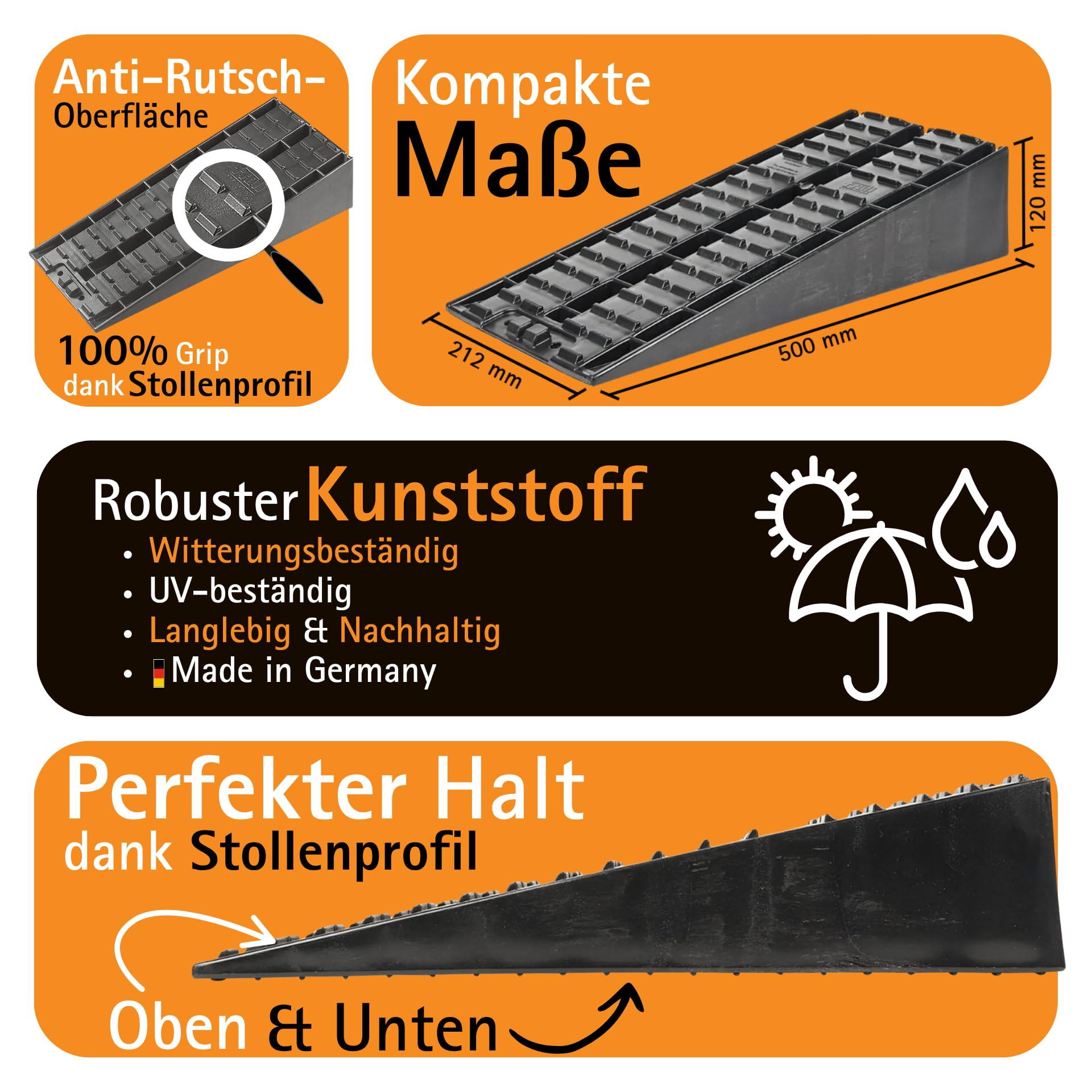 Froli Maxi-Keil 2er Set Auffahrkeile 5 t pro Keil 20 t ges. rutschfeste Profiloberfläche Made in Germany