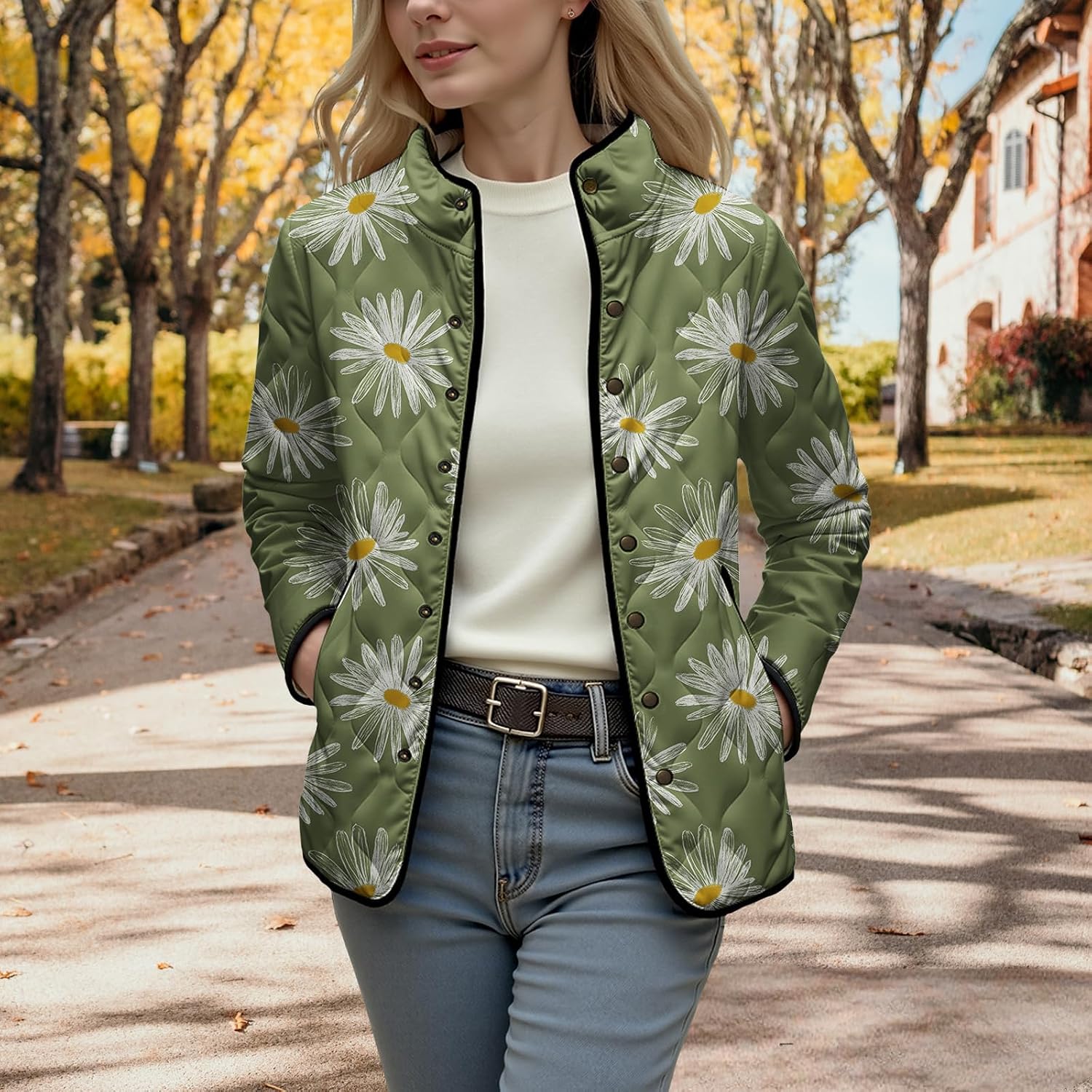 DMOYALA Quilted Jackets for Women Lightweight Button Down Puffer Jacket Trendy Daisy Print Fall Winter Coat with Pockets