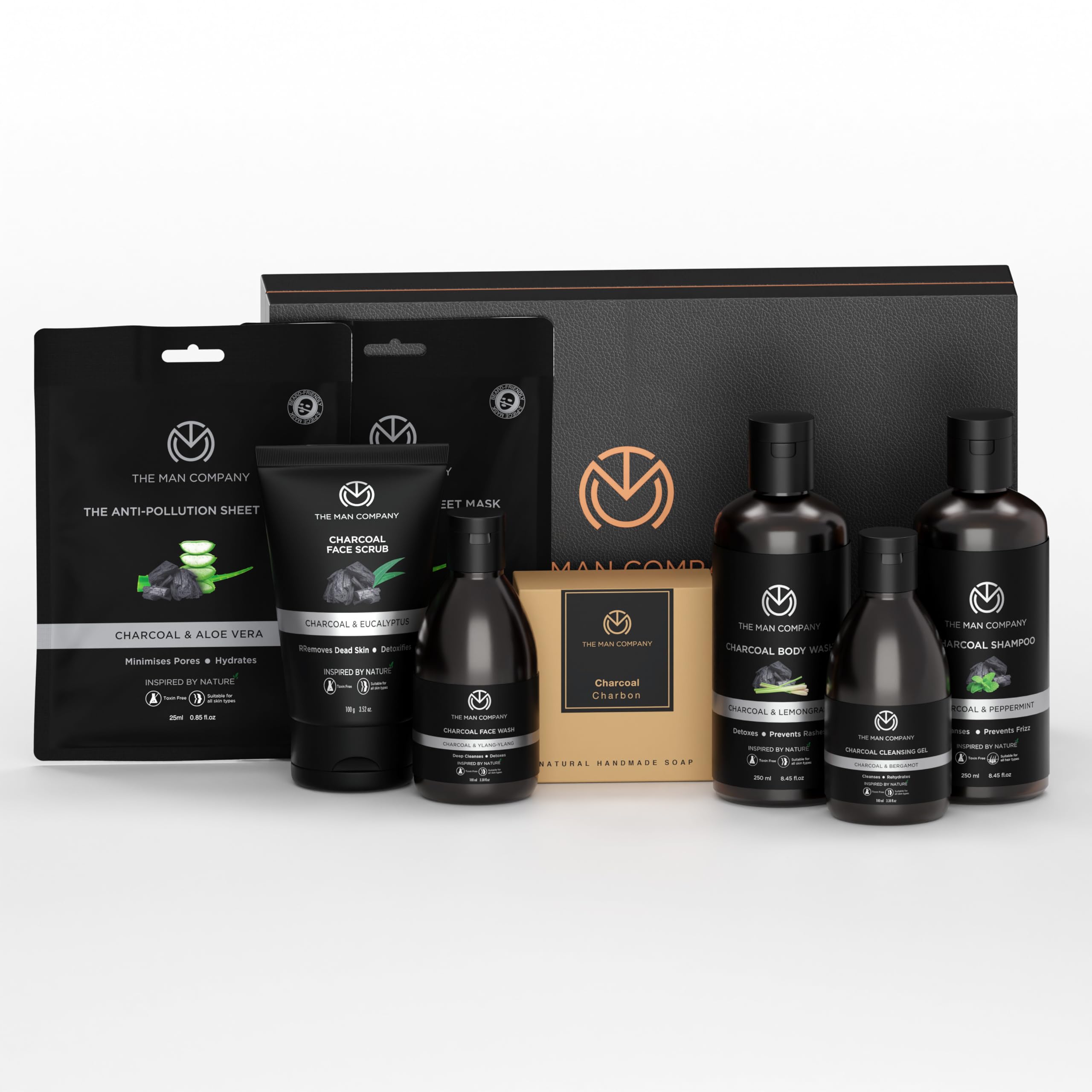 The Man Company Ultimate Charcoal Detan Kit With Elegant Gift Box | Charcoal Body Wash, Shampoo, Face Scrub, Face Wash, Soap, Sheet Mask*2, Cleansing Gel, | Gift Set For Him-picture-11
