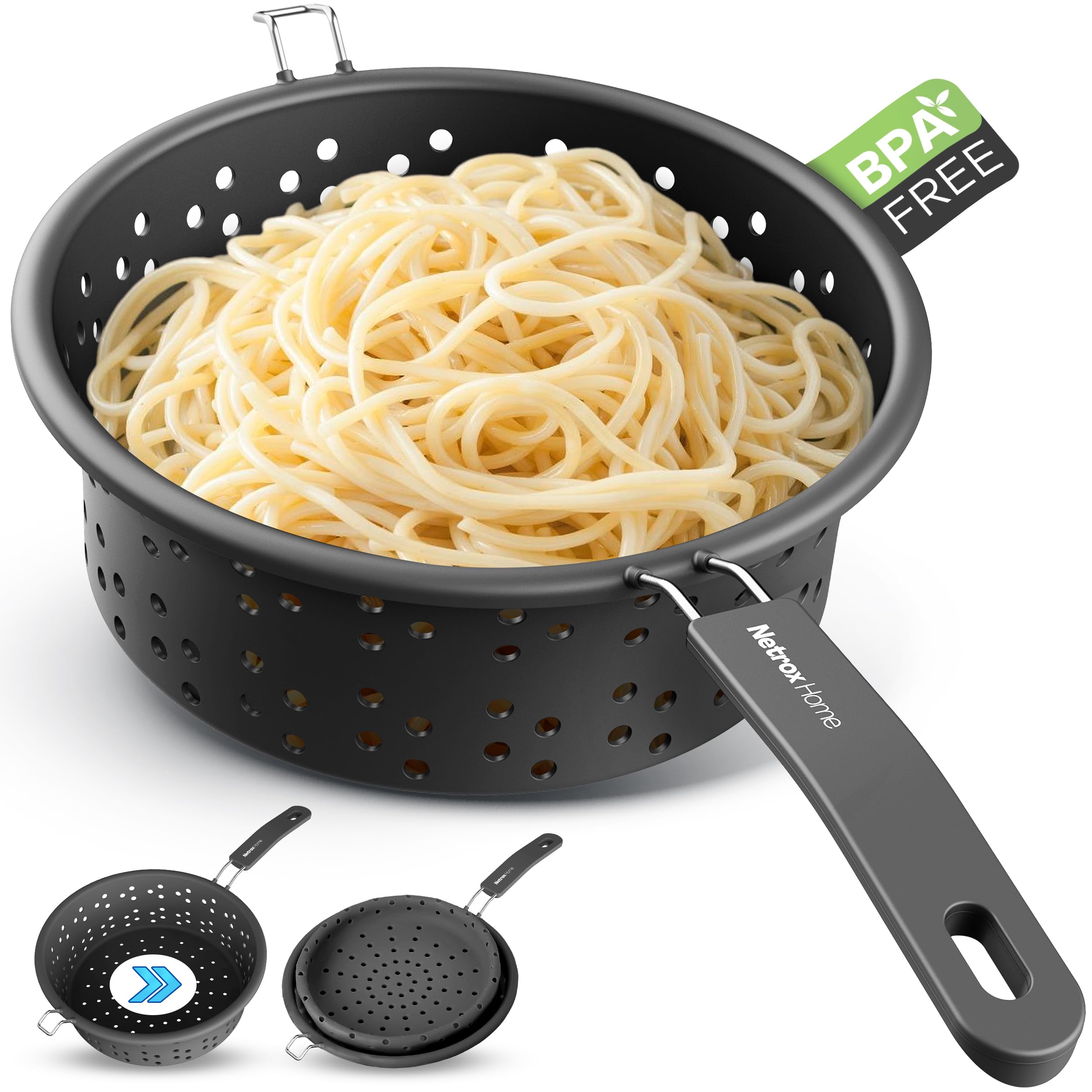Netrox – Colino da cucina pieghevole in silicone Adatto per alimenti, lavabile in lavastoviglie e senza BPA Scolapasta per pasta con manico per pentola