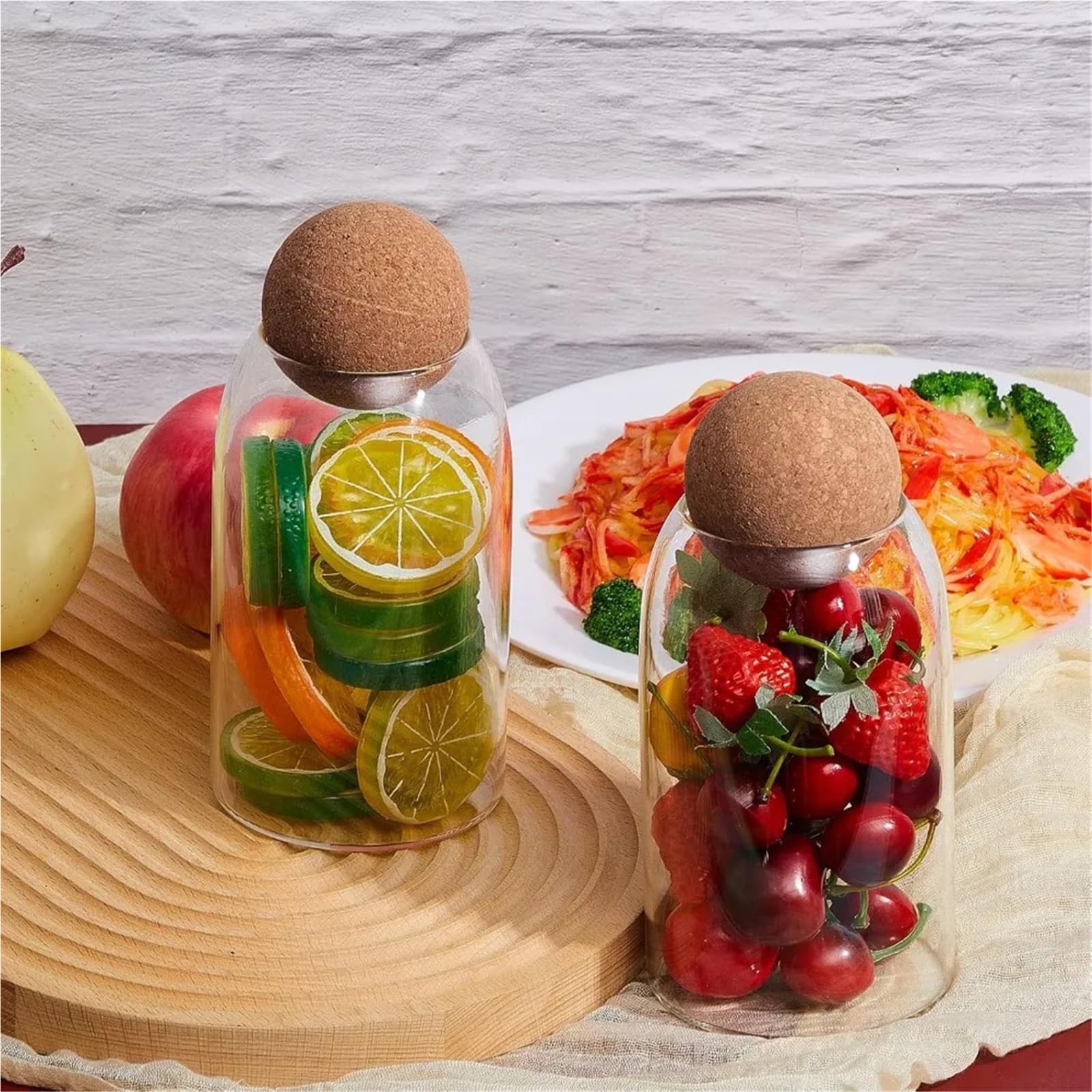 Tarrinas de cristal con tapa, Paquete de 6 tarros vidrio for almacenamiento con tapones bola y tapas corcho, transparentes, 14,8 x 9 cm, frutos secos frutas