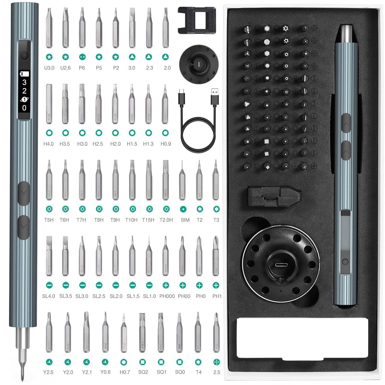 Cordless Electric Screwdriver, Upgraded 52 in 1 Rechargeable Precision Screwdriver Set, with Charging Dock, 3-gear Torque, Power Display, LED Work Lights, for Phone Laptop Glasses