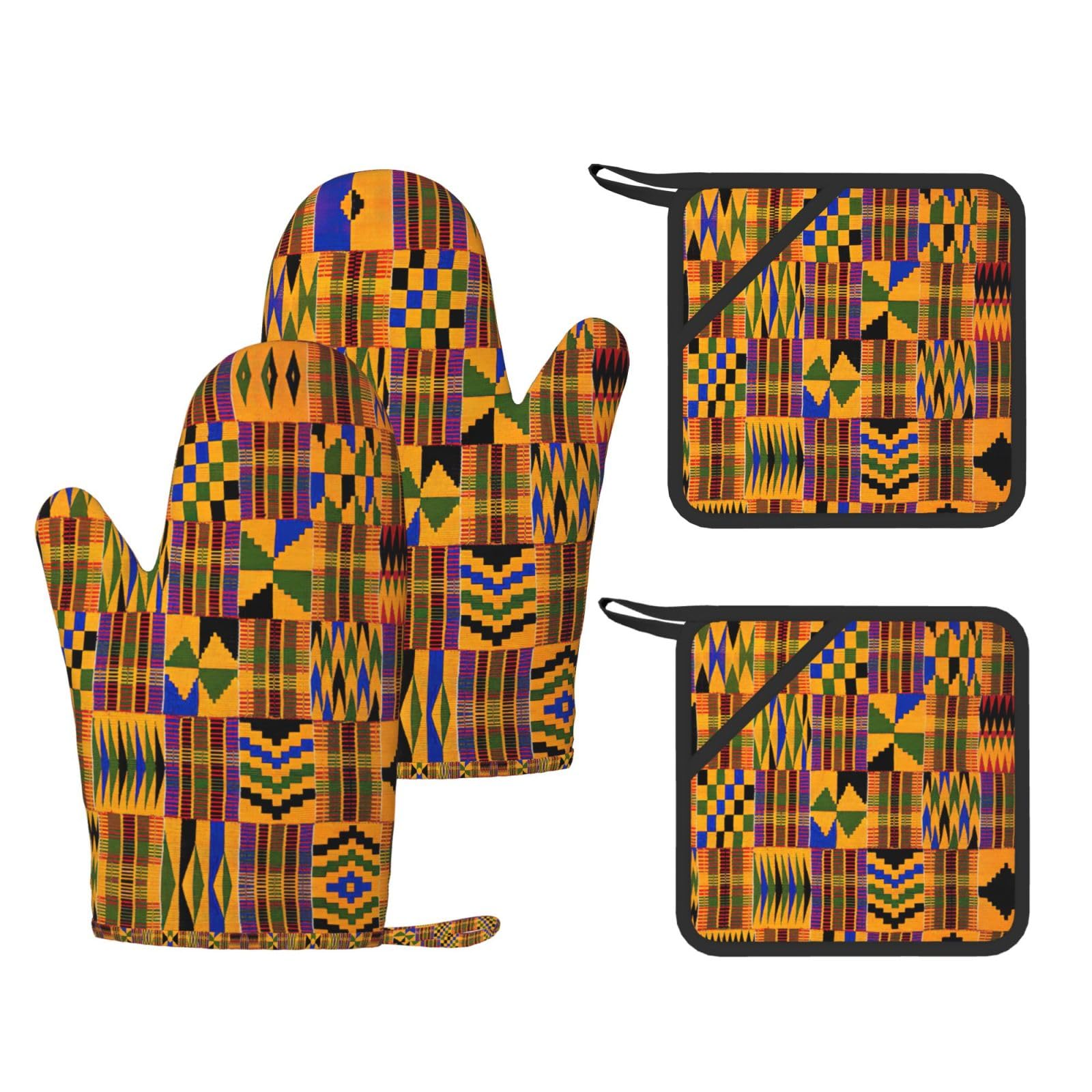 african weaving Printed Oven Mitts with Pocket and Hot Pads, Silicone Non-Slip Kitchen Gloves for Baking BBQ