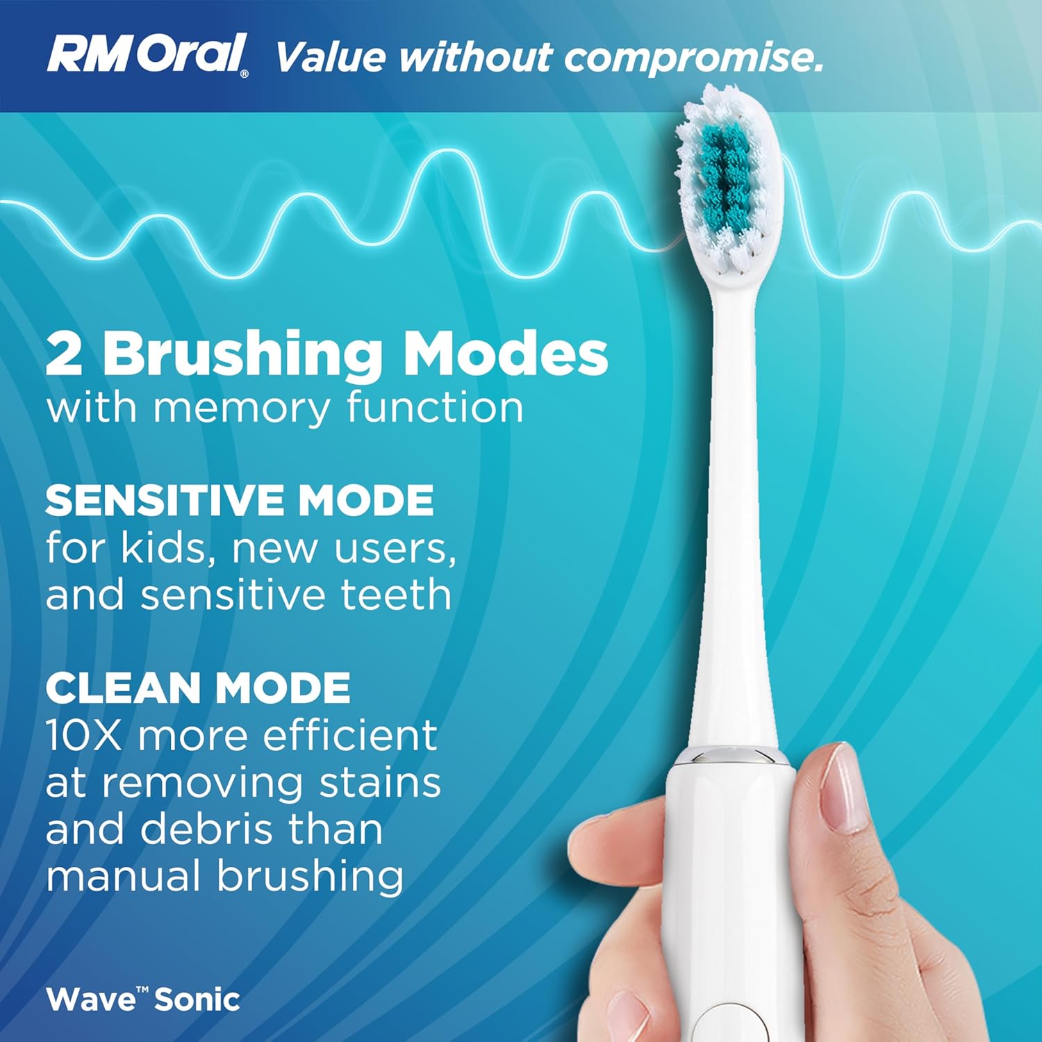 RM Oral Wave Sonic Battery-Operated Toothbrush with Soft Bristles & Travel Case, 56,000 Sonic Vibrations for Clean & Sensitive, Whitening & Plaque Removal, 2-Minute Timer, White
