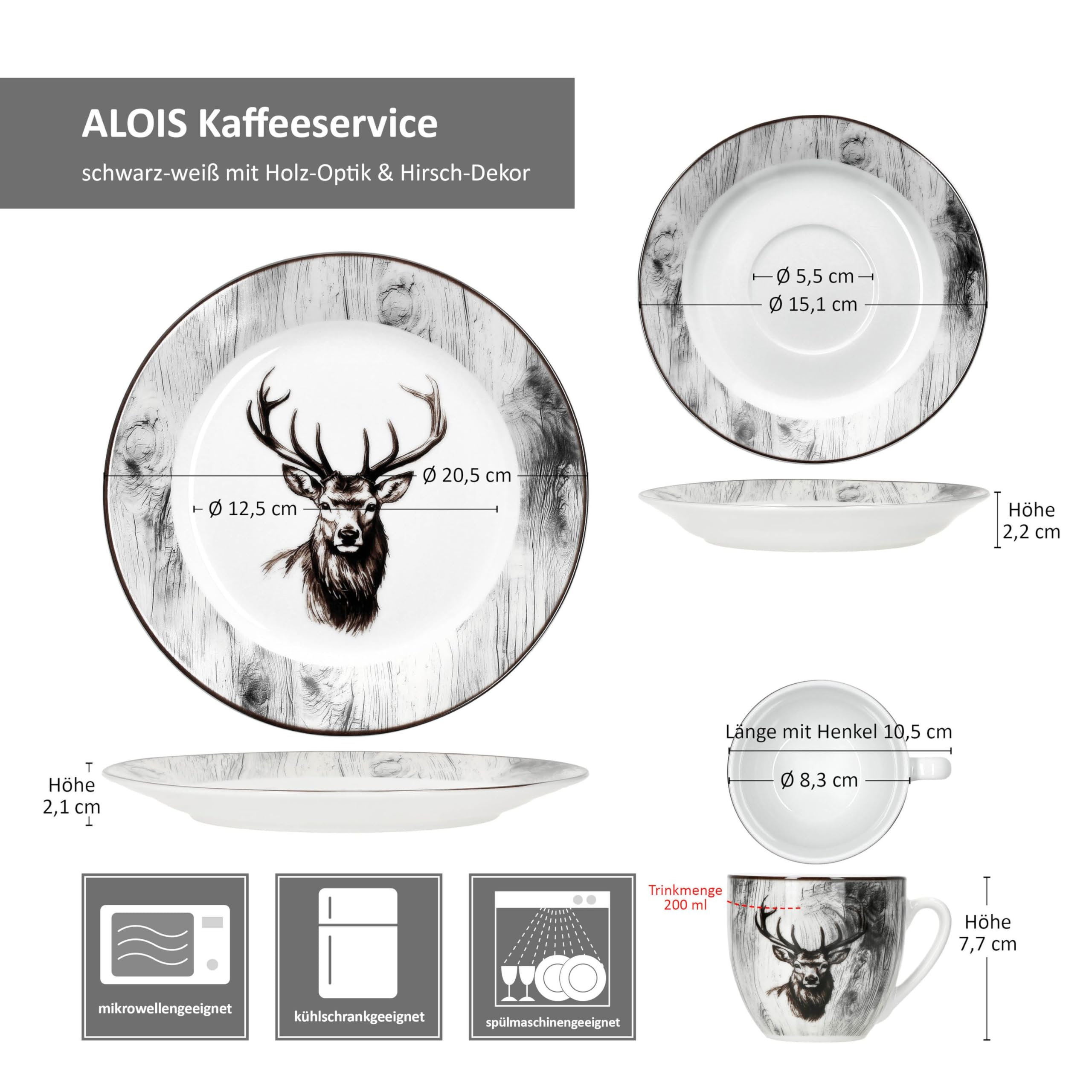 MamboCat Alois 18tlg Kaffeeservice I weißes Porzellan-Geschirr mit Hirsch-Dekor für 6 Personen I Je 6x Tassen 200ml, Untertassen & Teller für Frühstück & Kaffee