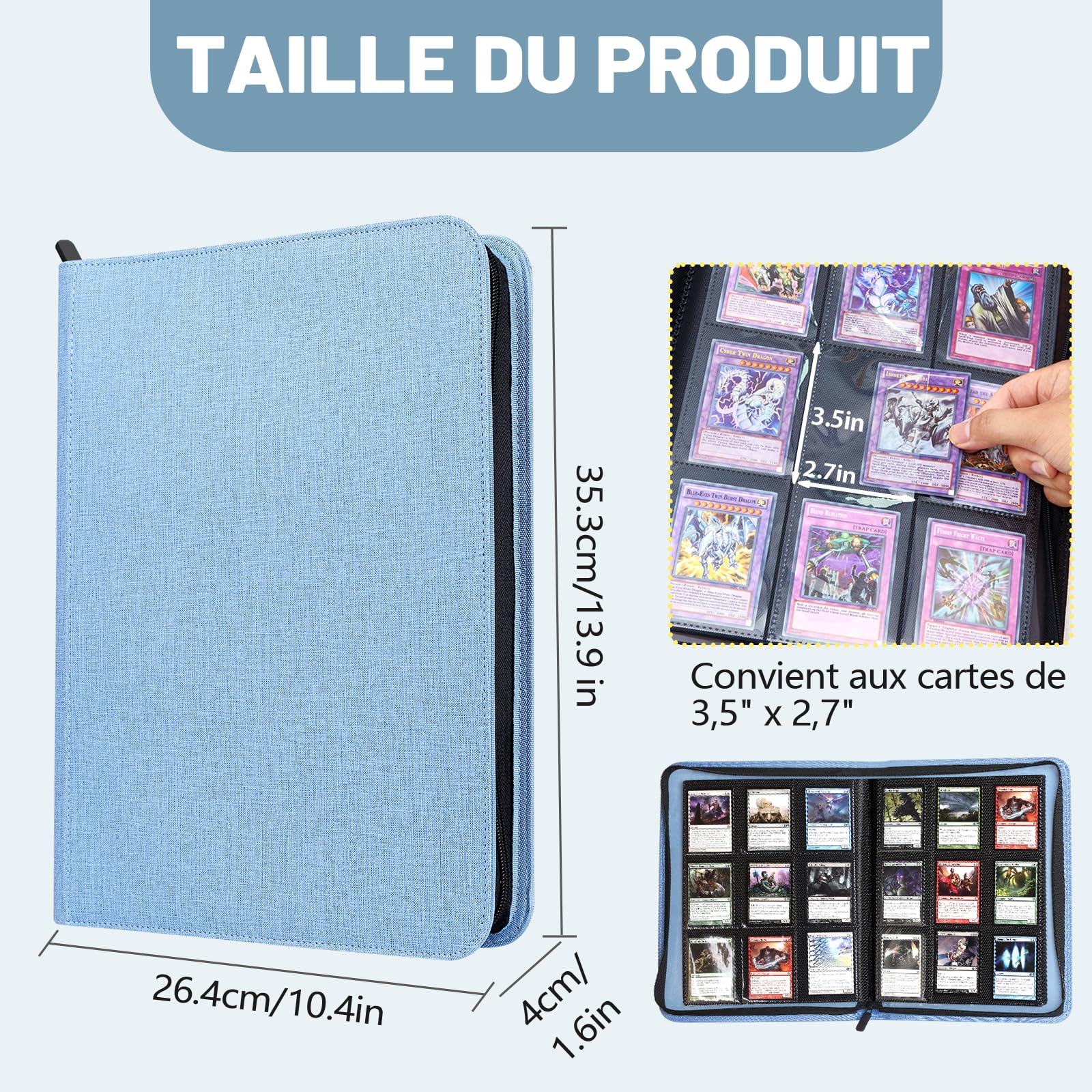Lictin Raccoglitore carte 504 tasche – 28 pagine Album di carte da collezione con chiusura a zip, taccuino per carte da gioco, libro con copertina in pelle (blu)