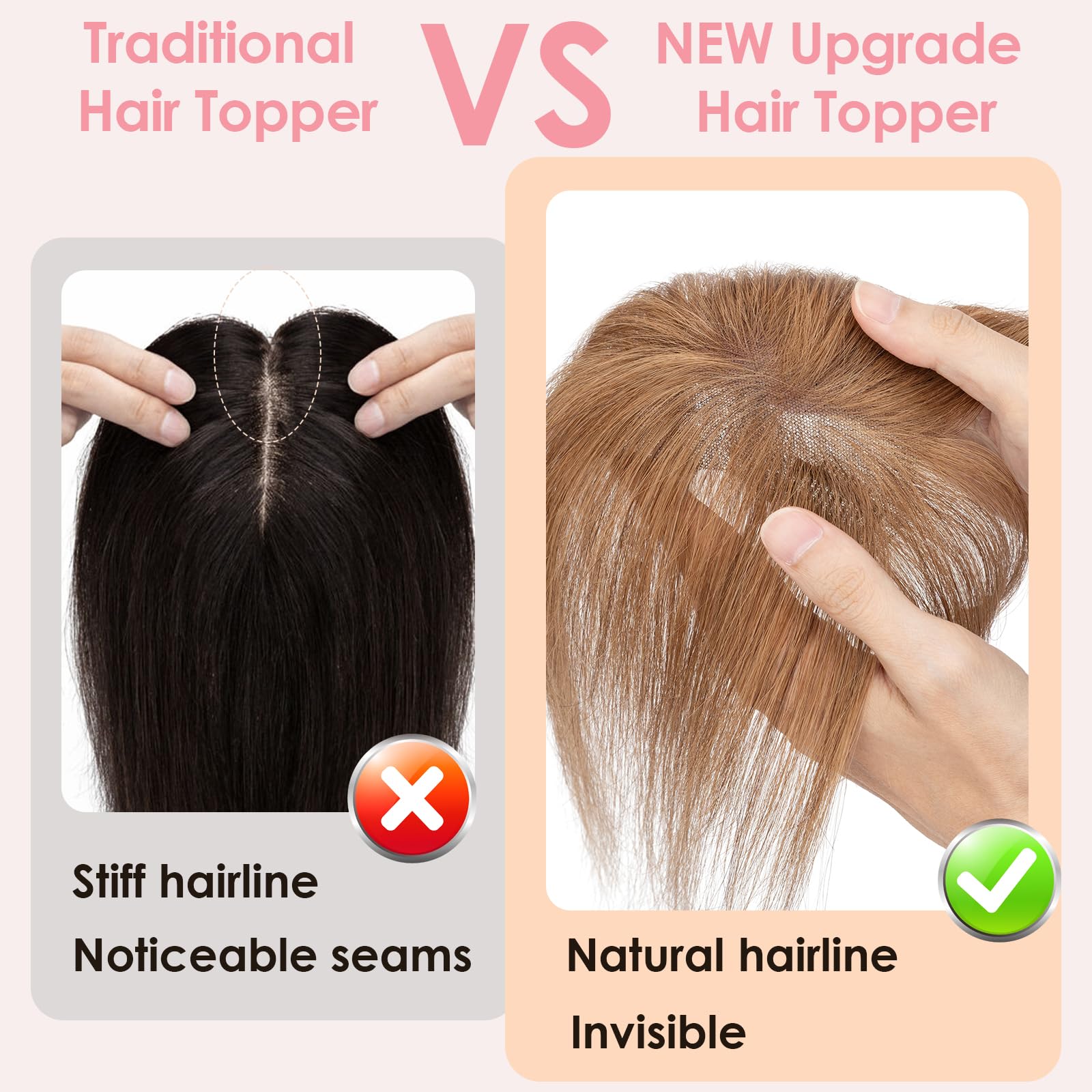 S-noilite Hair Toppers for Women Human Hair with Air Bangs - 7x11cm Hand-stitched Base 360° 3D Coverage Natural 14g (Light Brown #6) - Image 2