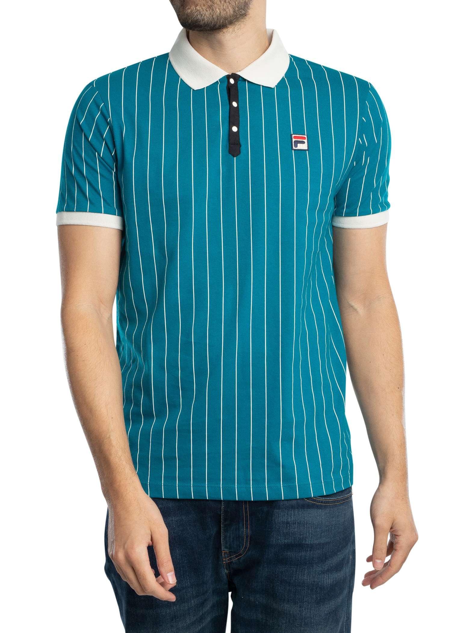 Fila Men's BB1 Classic Vintage Striped Polo Shirt, Deep Lagoon/Gardenia/Black, L