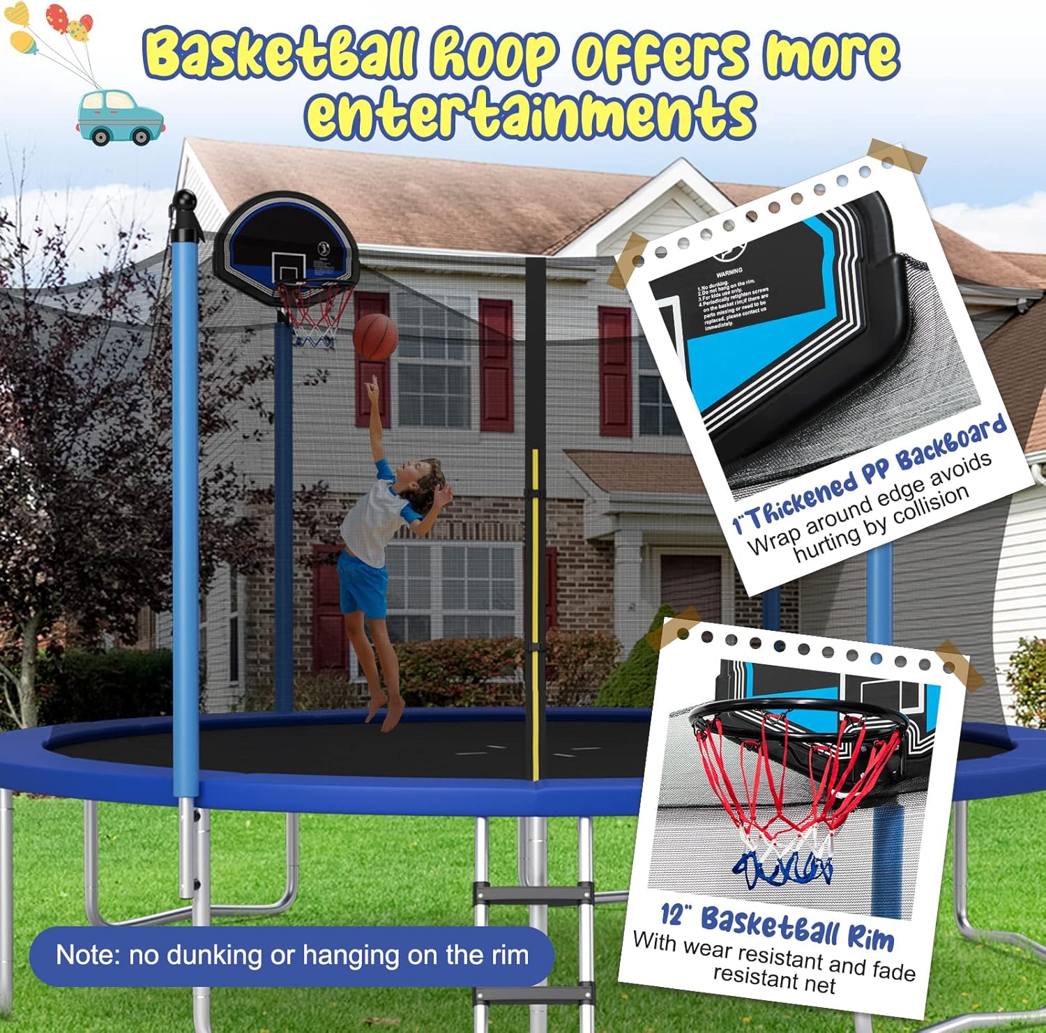 Image showing a child playing basketball on the trampoline with a close-up of the basketball hoop and backboard.