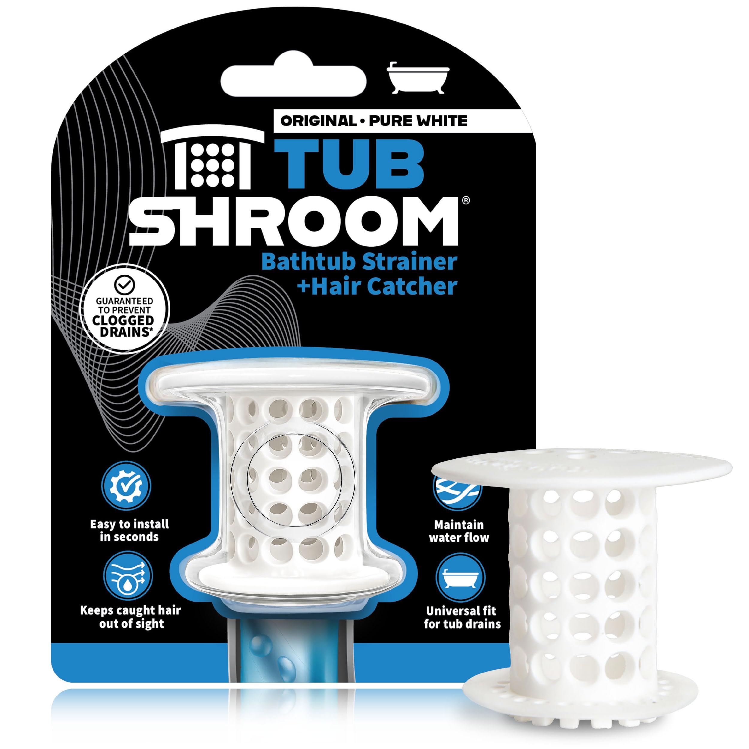 TubShroom Bathtub Drain Hair Catcher – In-Drain Tub Strainer & Clog Prevention Protector, Fits Standard 1.4”–1.75” Tub Drains, Easy Clean, Captures Human & Pet Hair out of Sight (White)