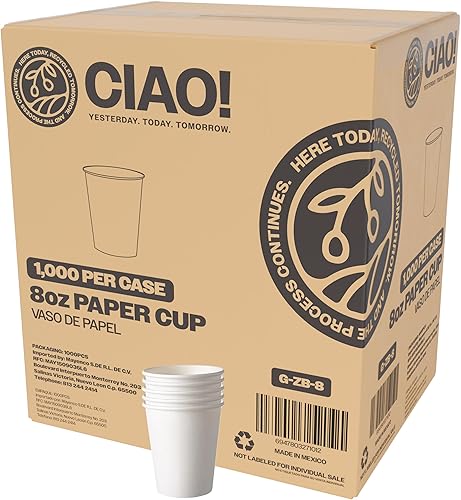 CIAO! Taza caliente de papel blanco de 8 onzas, desechable, 3.150 in de diámetro, 1,000 unidades