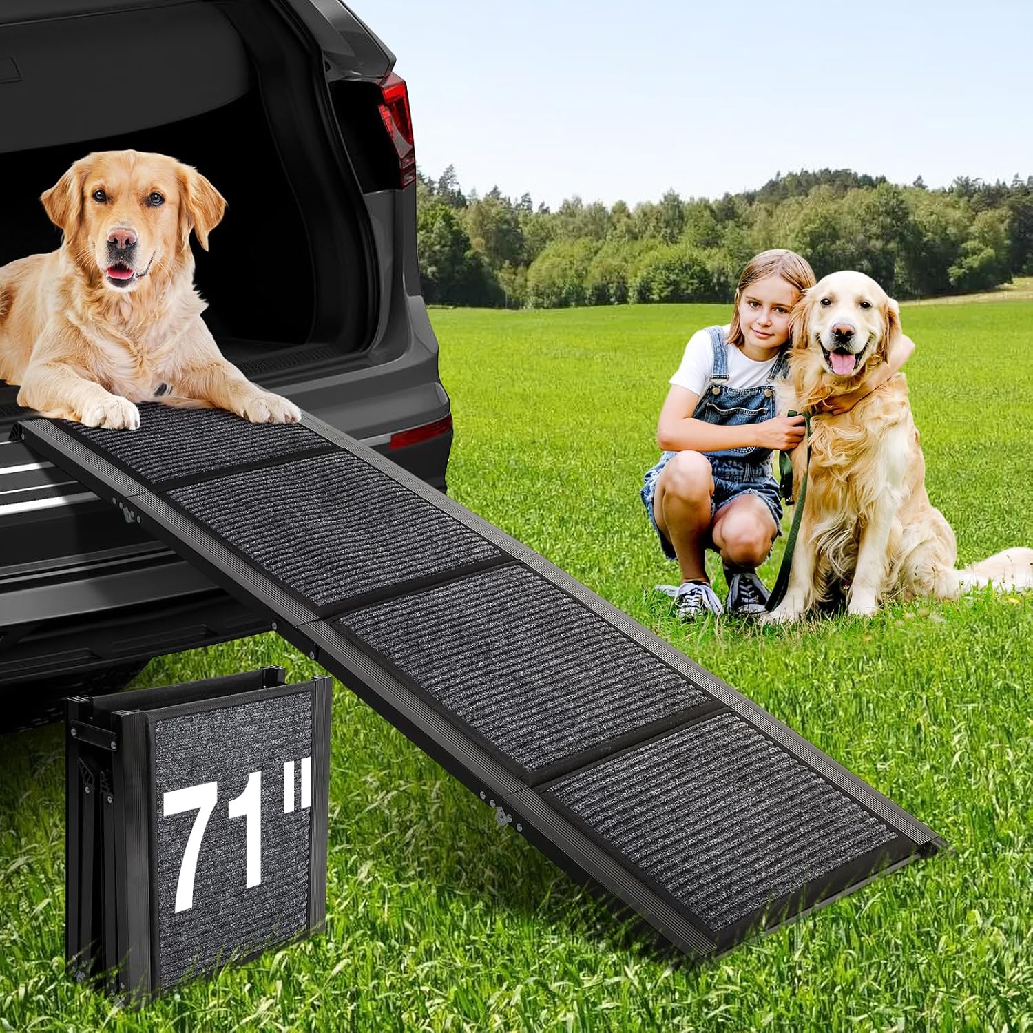 Dog Ramp for Car,71″ Extra Longx 17” Wide Folding Pet Ramp Dog Ramps for Large Dogs with Non-Slip Rug Surface