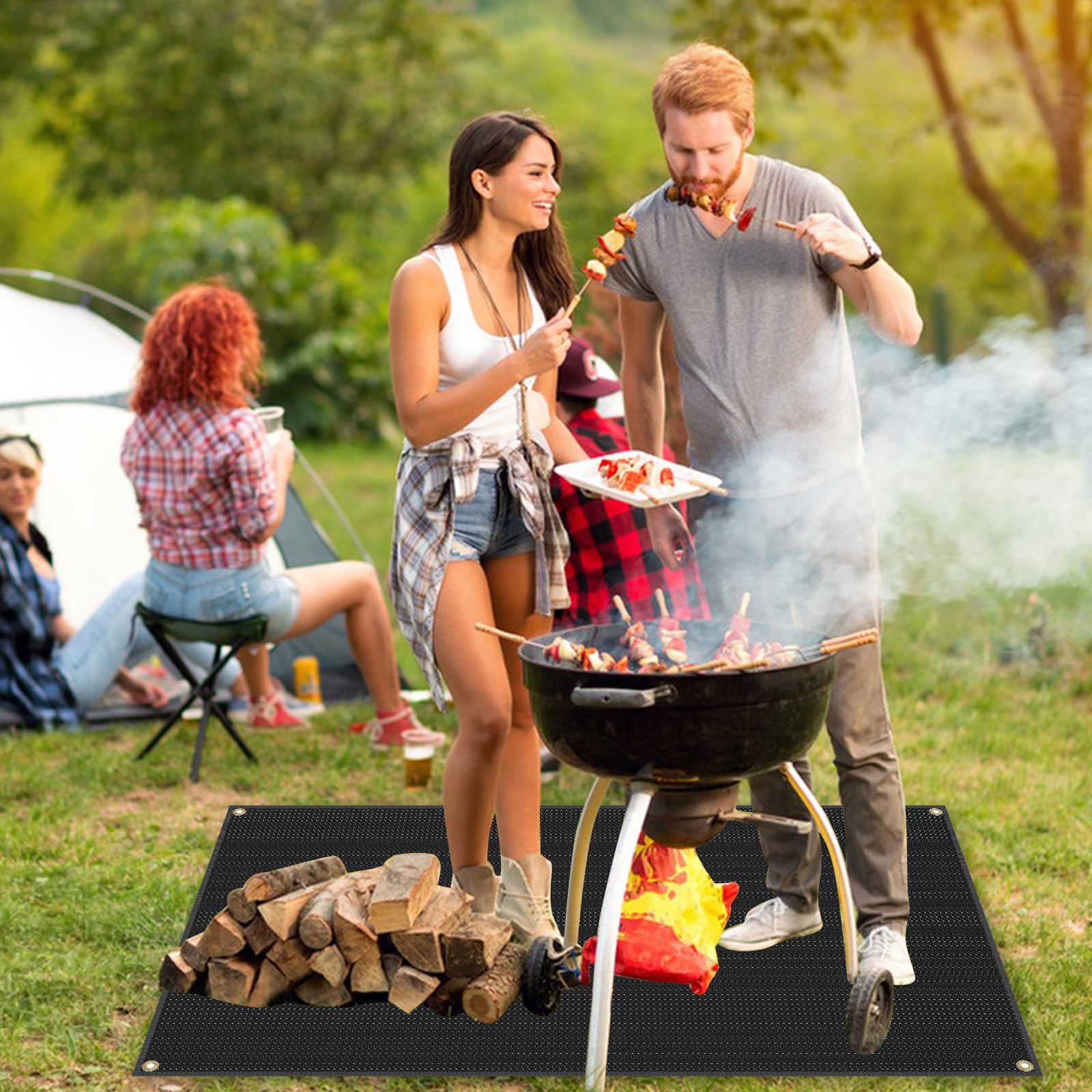 Large 48 x 40 inches Under Grill Mats set with BBQ Gloves and six ground spikes for Outdoor Grill, Double-Sided Fireproof Grill Pad Mat, Fireproof, Waterproof and Oil Proof Portable and Reusable