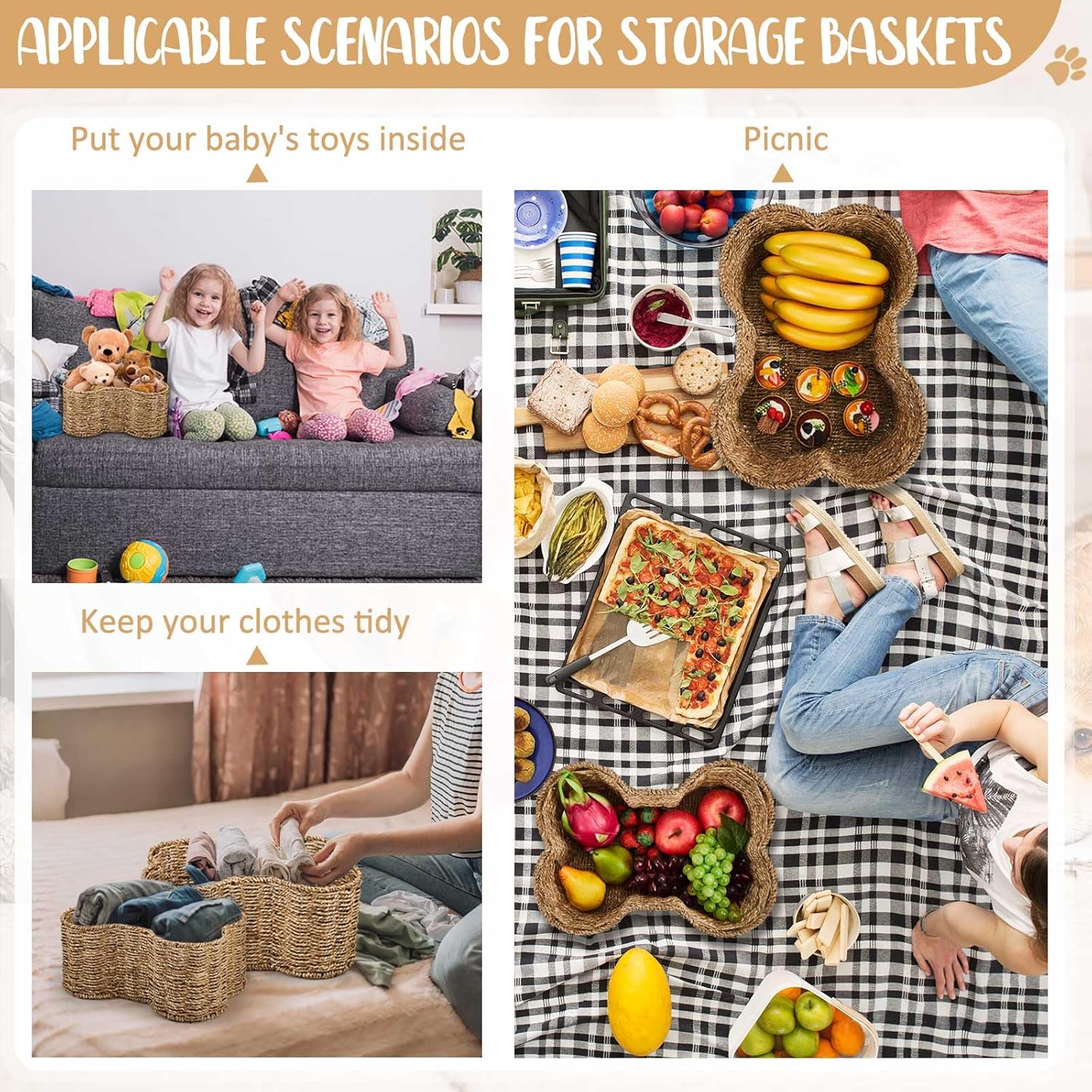 Maxcheck 2 Pcs Dog Toy Basket Bone Shaped Dog Toy Box Bin Handmade Wicker Bone Shaped Basket for Pet Storage Organizer, 2 Sizes 16. 1 x 12. 2 x 7. 1 Inch, 14. 2 x 10. 2 x 6. 3 Inch