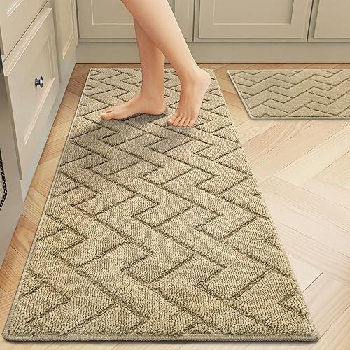 hicorfe Juego de alfombras y tapetes de cocina, 2 piezas de polipropileno súper absorbente, tapete antideslizante de polipropileno suave, cómodo,
