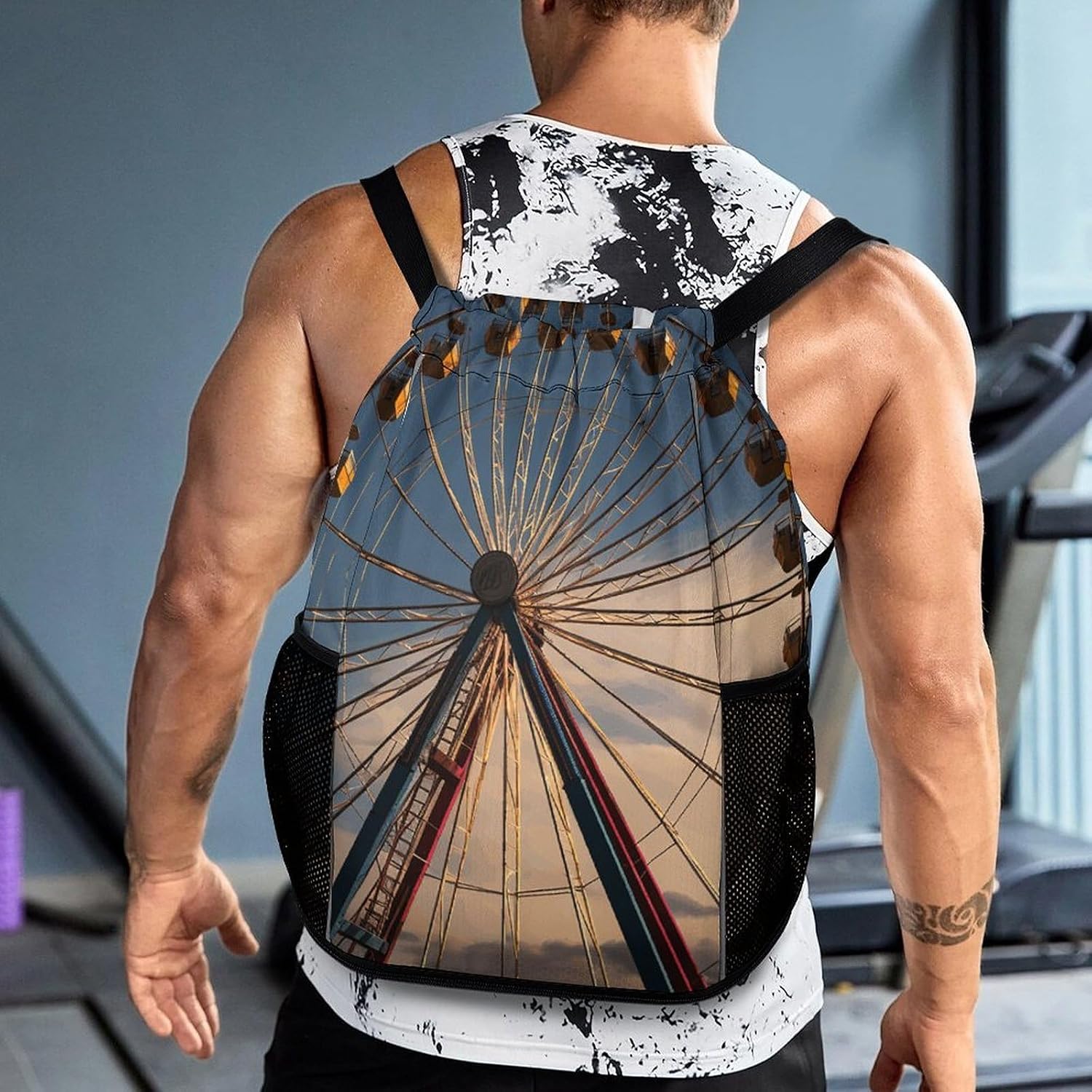 Ferris Wheel Drawstring Backpack with Wet Pocket - Large Capacity Gym Bag with Shoe Compartment & Mesh Pockets, Adjustable Lightweight Gym Backpack for Swimming, Travel, Workout