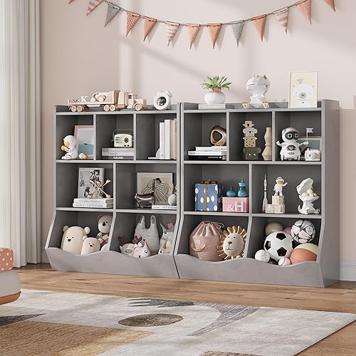 Miniatura 3 de GarveeHome Gabinete de almacenamiento de juguetes gris, estantería de tres niveles para niños y estantería para almacenamiento de libros y juguetes,