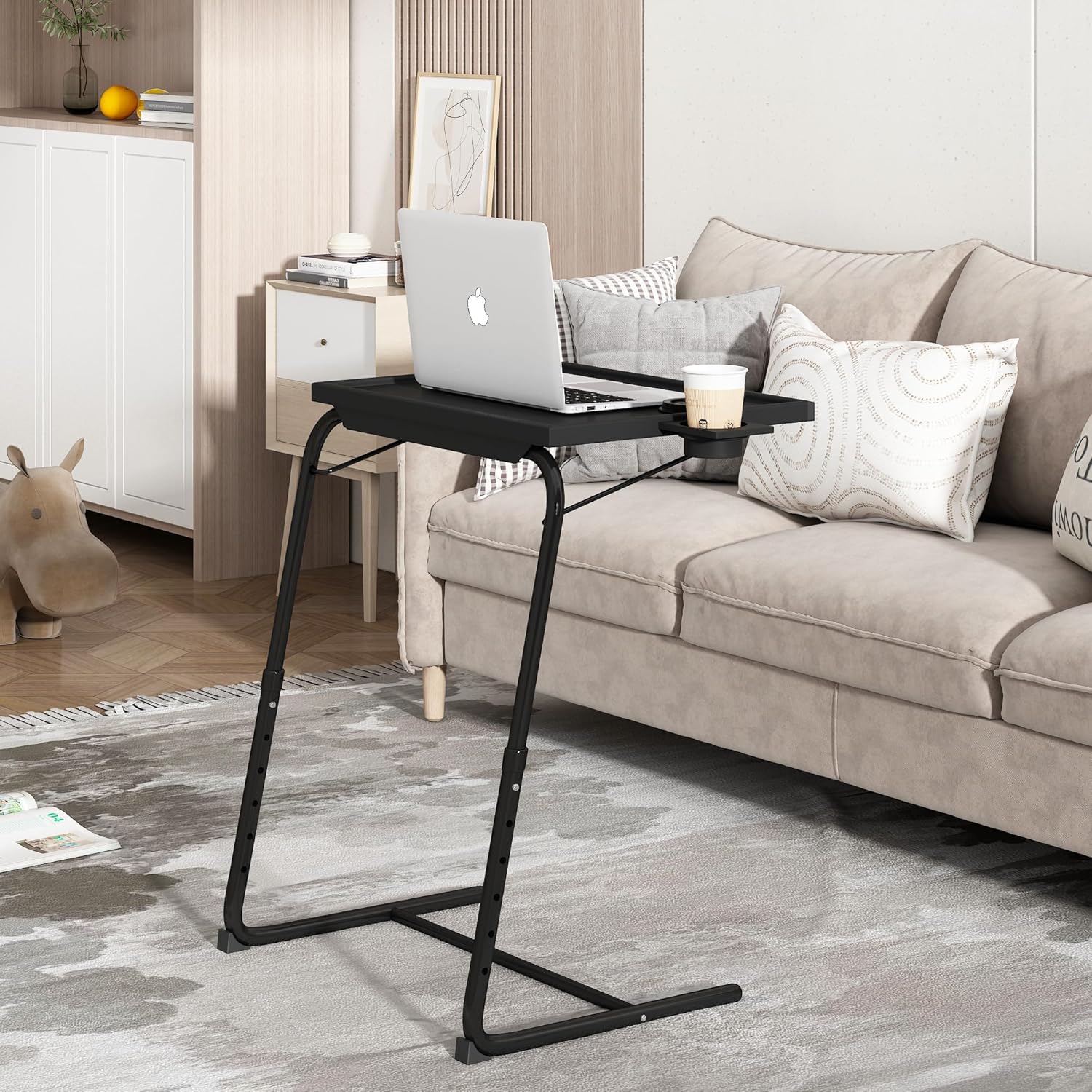 JAXPETY TV Tray Table, Folding TV Dinner with Cup Holder, Adjustable TV Desk with 3 Angle and 6 Height Adjustments, Couch Table for Eating on Sofa & Bed, Stowaway Laptop Stand, Black