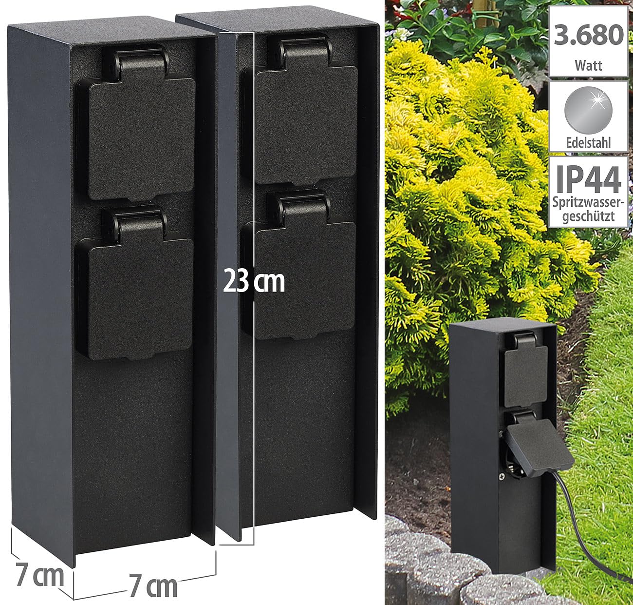 Royal Gardineer Garten-Steckdosen-Säulen: 2er-Set 2-fach-Garten-Steckdosen, Edelstahl, 230 V, bis 3.680 W, IP44 (Outdoor-Steckdosensäule, Aussensteckdosen Säulen, Netzkabel)
