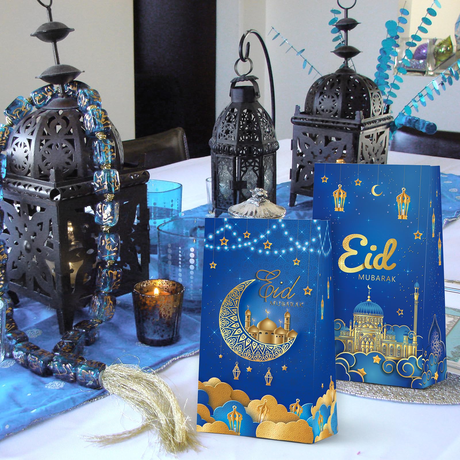 KALEFO Eid Mubarak Favor Gift Bags 24PCS Ramadan Muslim Supplies Goodie Treat BagTable Decorations for Party Birthday Blue