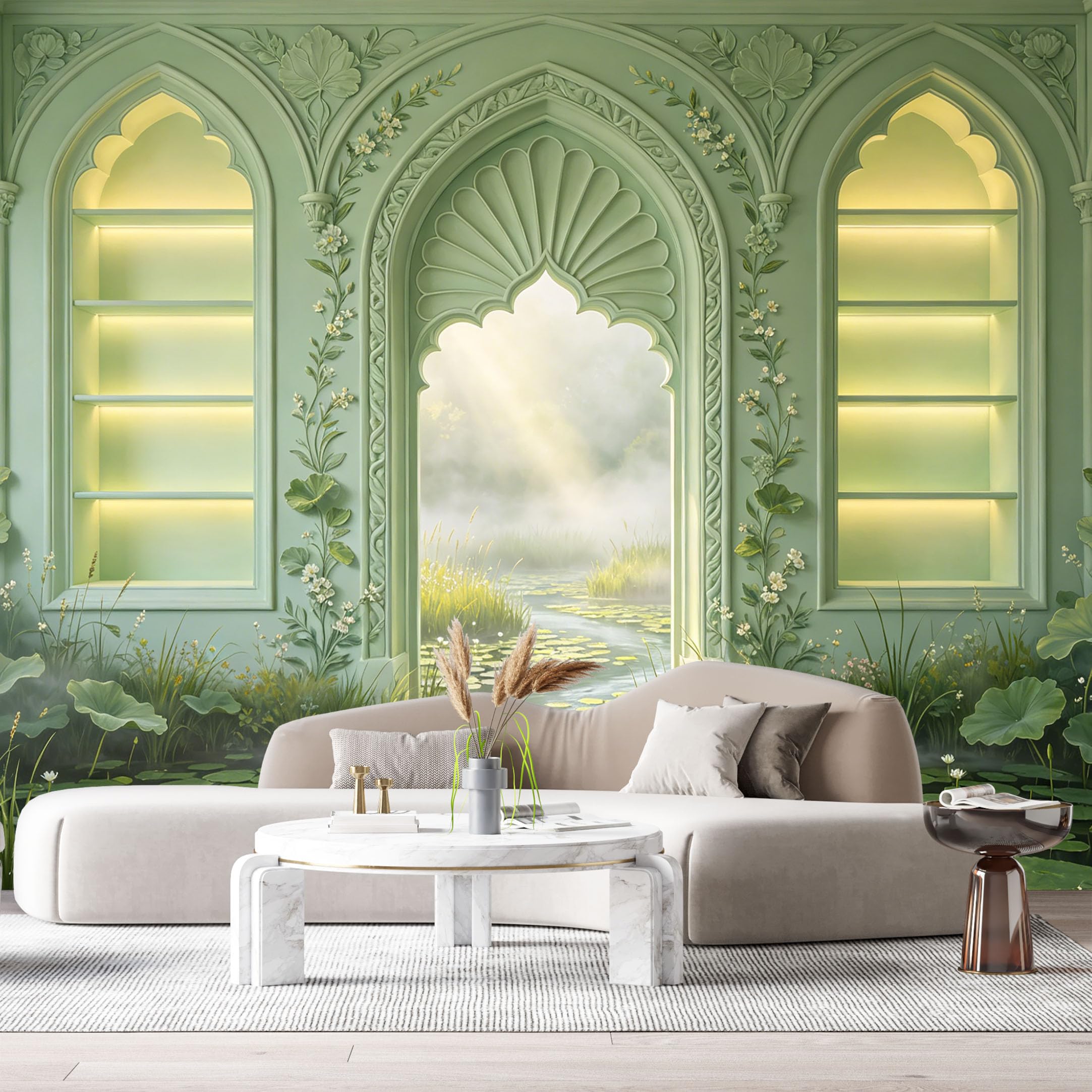 Custom Size Wall Murals Fantasy Interior Archway Lush Meadow Watercolor 3D Trompe L'Oeil SelfAdhesiveWall Fabric Removable Wallpaper Wall Decor for Living Room Bedroom Bathroom