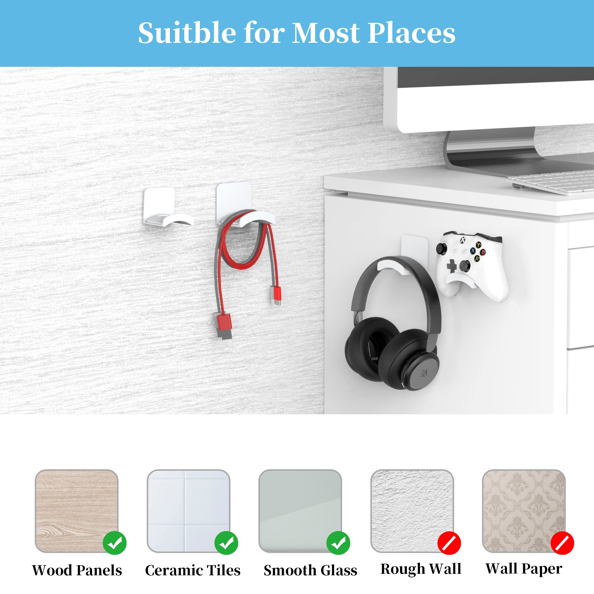 Cozycase Universel Support Adhesif Crochet Casque pour Bureau, TPU Support de Casque Accrocher Casques et contrôleurs, 2 pièce