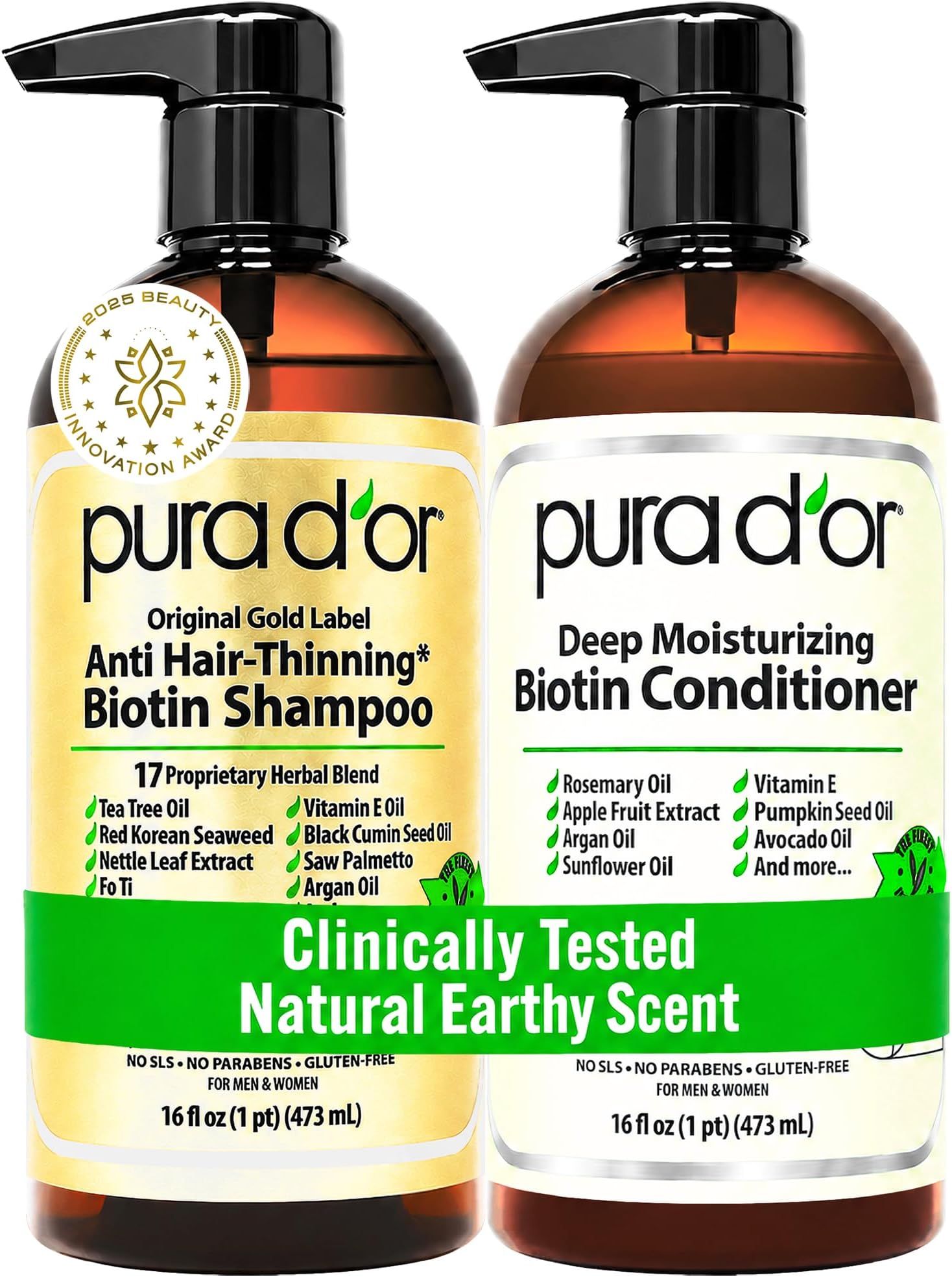 PURA D'OR Anti-Thinning Biotin Shampoo & Deep Moisturizing Conditioner Original Gold Label Set (16oz x2) Natural Earthy Scent, CLINICALLY TESTED Effective Results, DHT Blocker Thickening, Women & Men