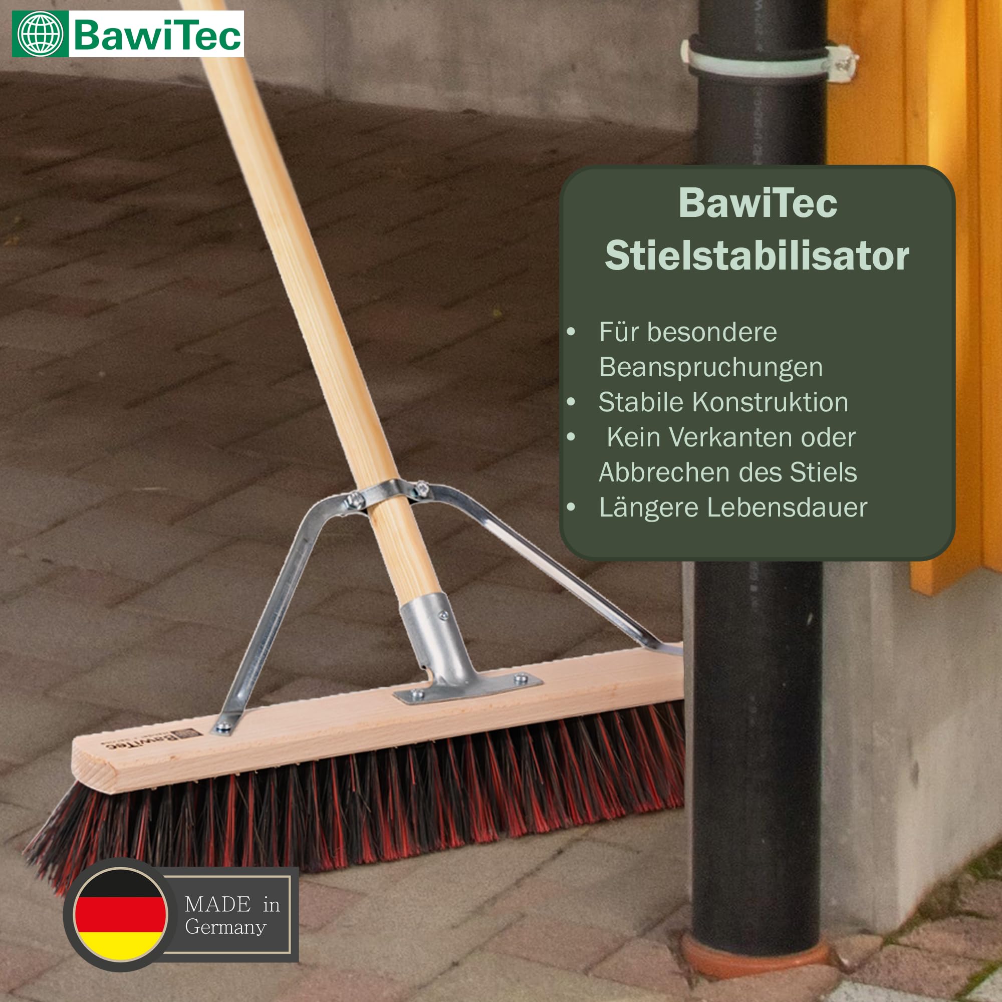 Spezial Besen 60cm mit Stiel 160cm ArengaMix Borsten Stabi Straßenbesen | Arenga-Elaston-Borsten-Mix, Speziellem Stielstabilisator, Robust und stabil, Für groben und feinen Schmutz