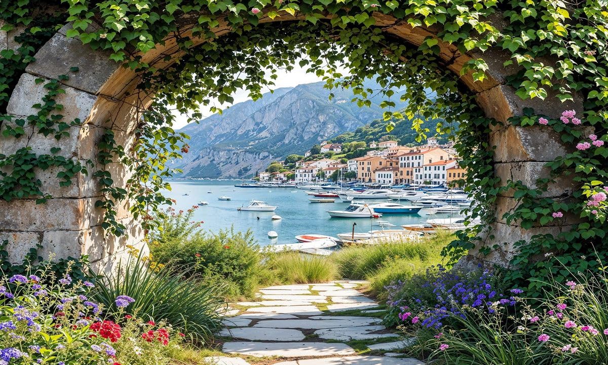 Italian Riviera Garden Mural Curtain – Coastal Stone Archway Wall Art, Outdoor Fence Panel, Decorative Tapestry, Mediterranean Home Decor, Seaside Pathway Design, Floral Backdrop, Scenic Garden Wall